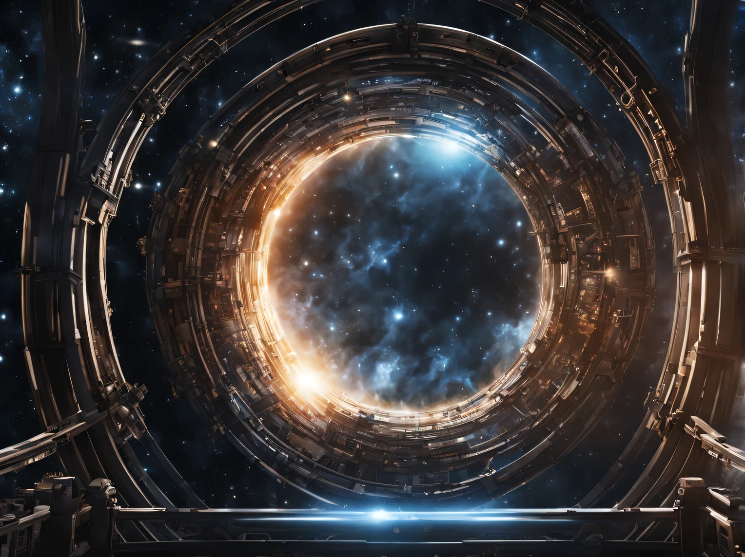 among the dark space of the universe, large artificial high-tech ring gate flies through space and time, cosmic light and the ancient energy of the Universe burst out from the depths of these gates and transport the viewer to other worlds, where it&#39;s light and cozy, high detail, Cinematic photo, a high resolution, dynamic lighting, ray tracing, a high resolution, 8K, masterpiece, Science fiction