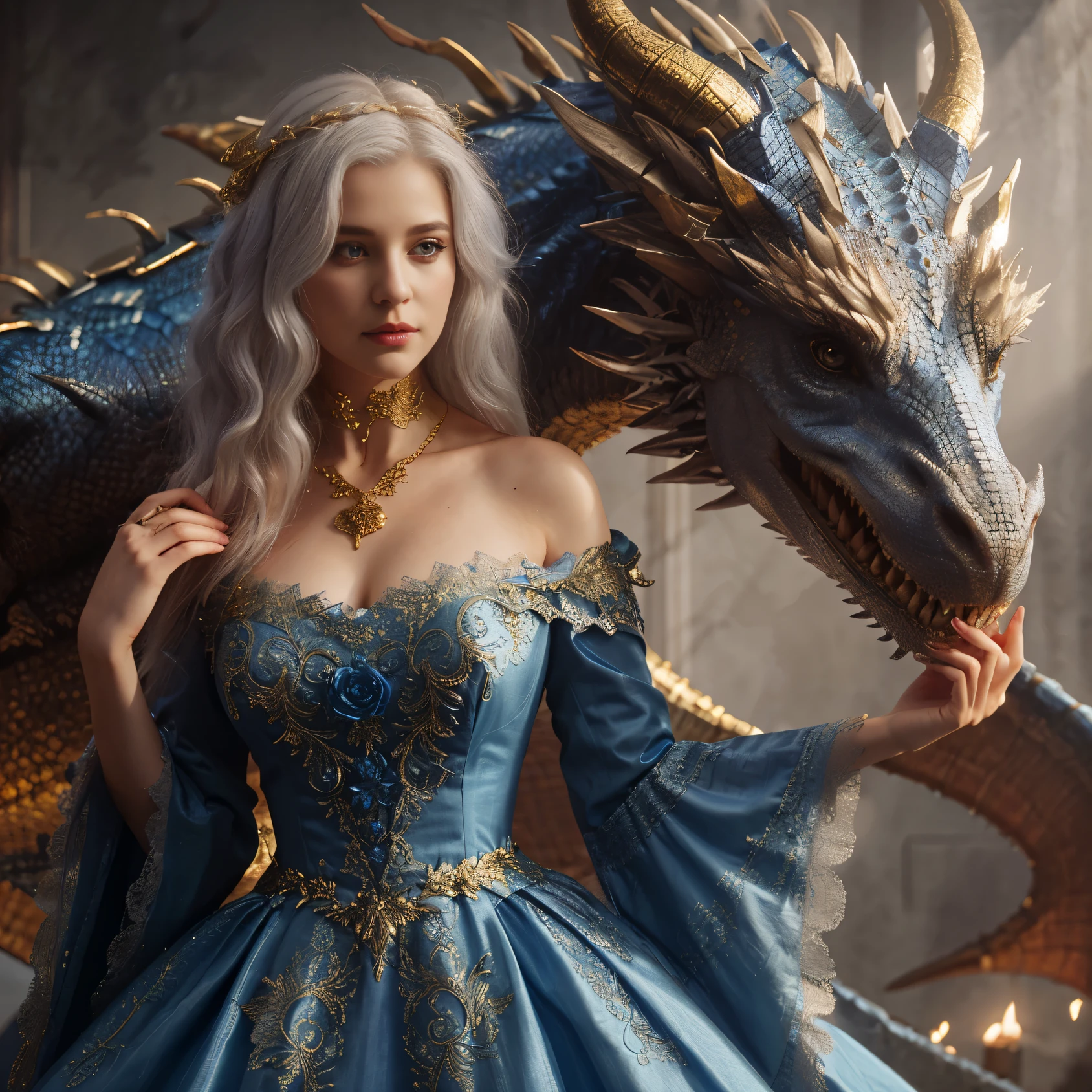 woman in blue dress standing next to dragon, 4K detail fantasy,Blonde hair, A complex fantasy of reality, realistic fantasy rendering, fantasy style 8 k octane render, Surreal fantasy art, 4k fantasy art, queen of dragons, Detailed fantasy art, Unreal Engine fantasy art, elegant fantasy art, Realistic fantasy artwork, Realistic fantasy illustrations