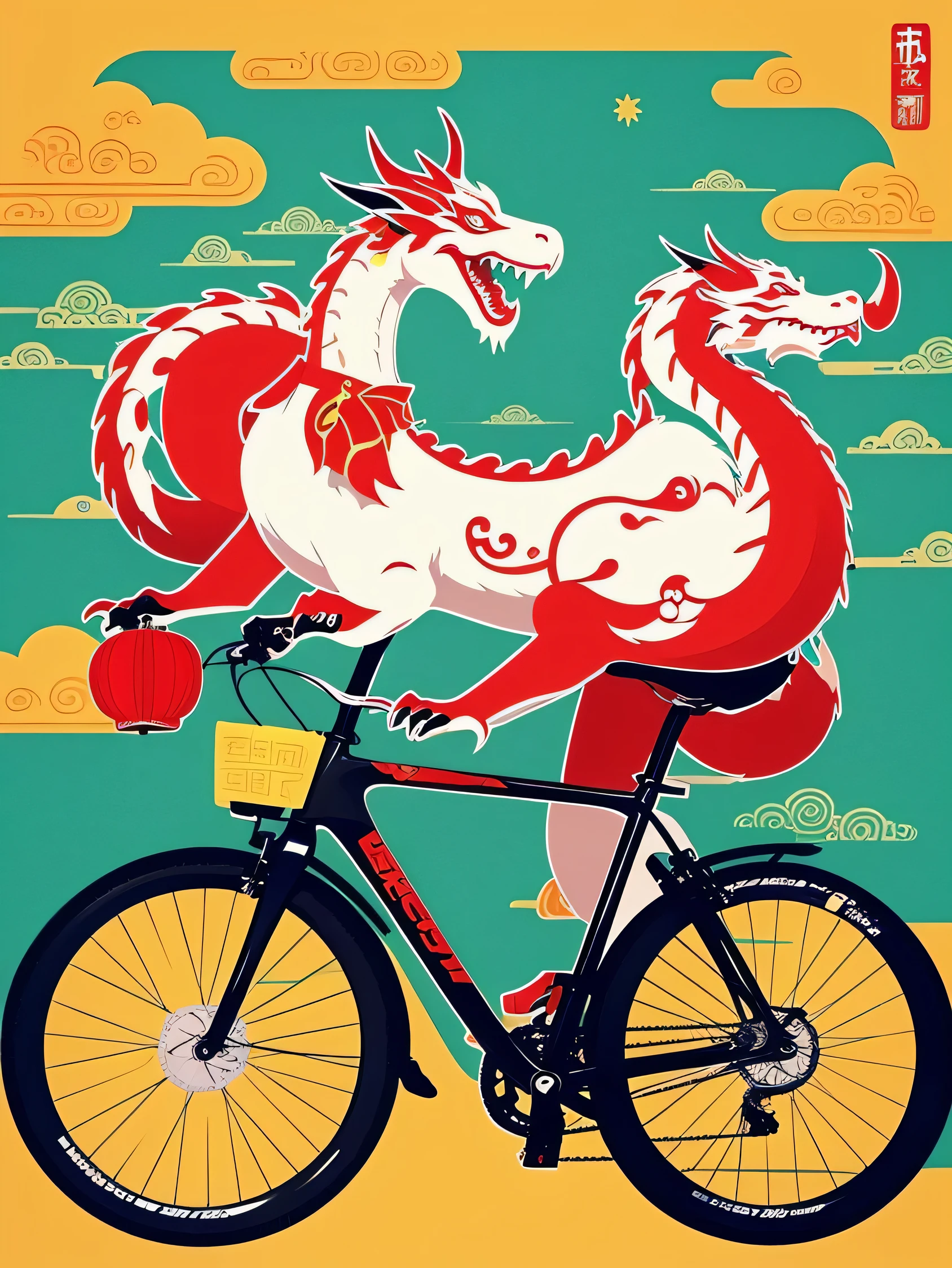 Chinese Dragon and Chinese Bicycle，new year atmosphere，Illustration，Super details，Simple and festive，Not a motorcycle，More coordinated