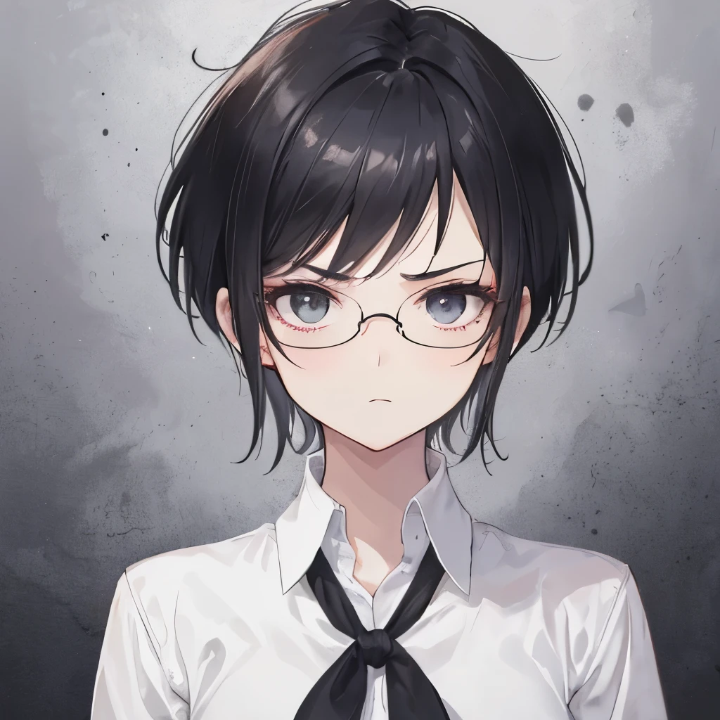 A girl, face picture, flat chest, black hair, pixie hairstyle, glasses, angry, white shirt, no accesories, nerd, pixie haircut