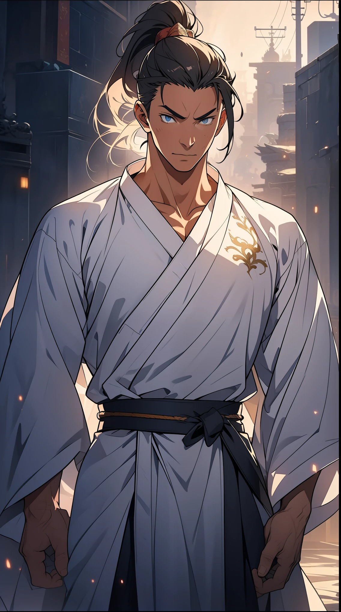 Two dimensions,anime style,one person(male warrior),proportions are correct,facial details,swordsman,high ponytail hairstyle,neck detail,Have an Adam's apple,White robe,joke,white robe,clothing details,transfer,long sleeves,Game quality,fencing,Ray tracing,Ray tracing,Detailed glow,CG rendering,hair details,long white hair,blue eyes,Handsome,Handsome,(Youthful feeling),Clothing is complicated,Perfect composition,refine,high quality,higher details,many details,Complex background,a sense of atmosphere,