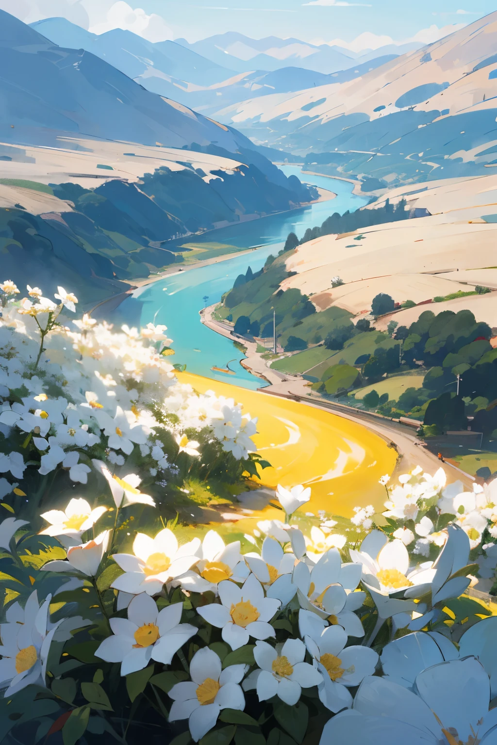 Li Ri is empty,The mountains stretch over,The clusters of white flowers resemble a flowing river。It was as if all life in the world should be dyed,In this moment and there,Under transparent sunlight like honey,Cheers at the same time,Spin at the same time,At the same time, it transforms into countless floating points of light。