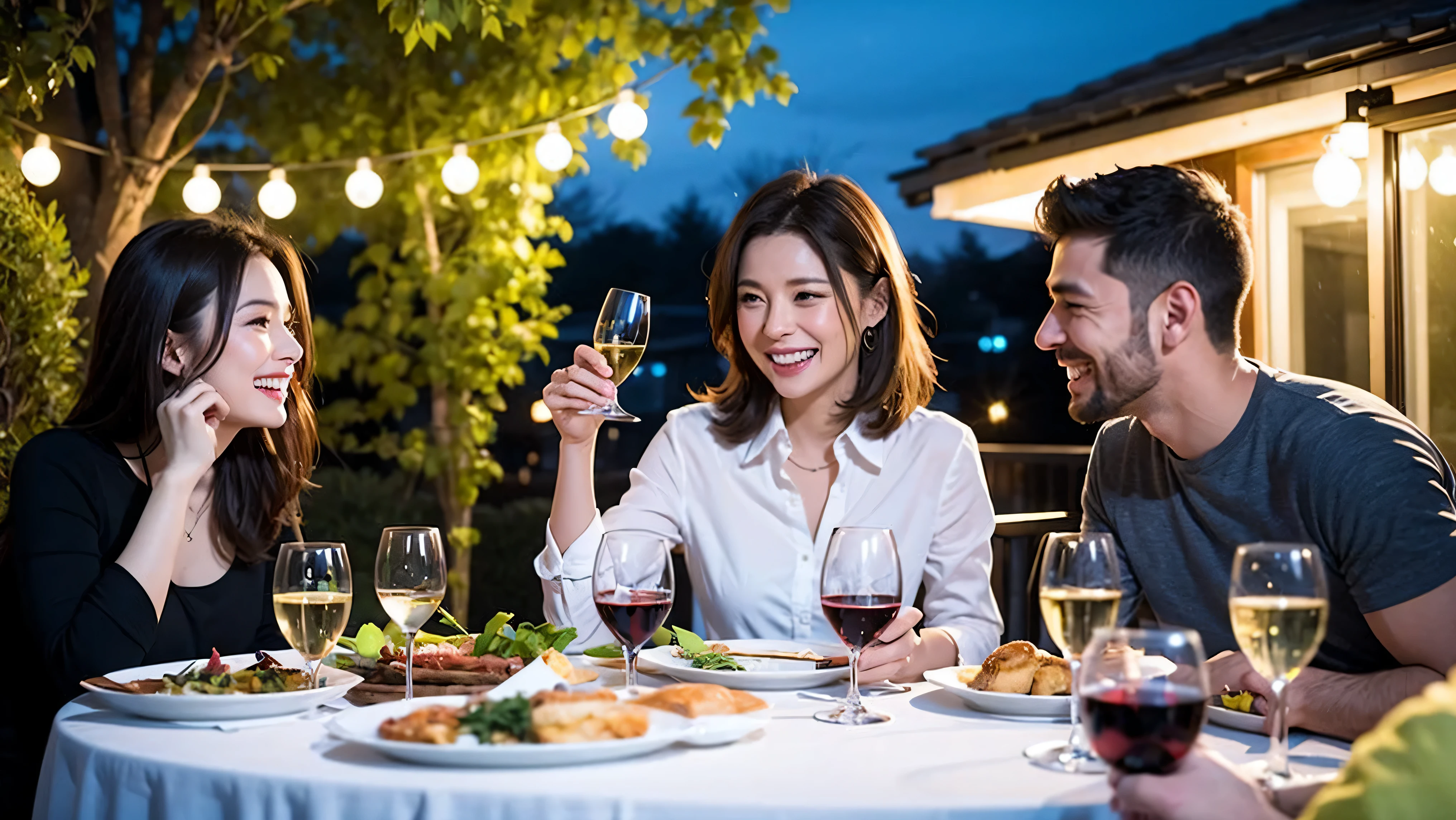 64k, UHD, highest quality, masterpiece: 1.2), (realistic, photorealistic: 1.37), Super detailed, celebration party、3 women who love wine、three men、champagne、Sparkling wine、winter night、restaurantでワイン宴会、(slimな男女4名),(Wine party for 5 people)、(slimフェイス),Happy、 最高なsmile、Fox Face、Raccoon face、Berry Short、(because I'thin), (brown hair), (shortcut), long sleeve shirt、winter fashion、Colombia、Brazilian、Japanese、Dutch、German、Portuguese、Belgian、Italian、french, (gush), (slimボティ), (brown hair), (shortcut), Neat beauty、cheeks blush a little, (41 years old), 38 years old, alone, A beautiful and detailed night view spreads out outside the window..., restaurant, wine glassが座っている, At night, in a prominent place (from the Upper body) nova frog style, actress, model, Upper body, White wine, slim, wine glass, very beautiful night view, wine glass Put in the Middle, Happy smile, (smile: 1.15),