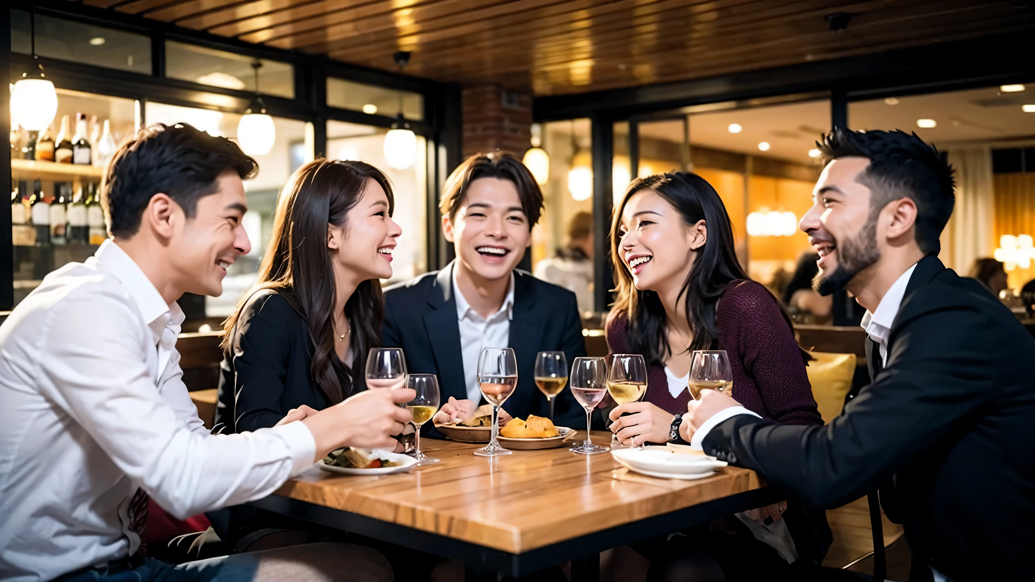 64k, UHD, highest quality, masterpiece: 1.2), (realistic, photorealistic: 1.37), Super detailed, celebration party、3 women who love wine、three men、champagne、Sparkling wine、winter night、restaurantでワイン宴会、(slimな男女4名),(Wine party for 5 people)、(slimフェイス),Happy、 最高なsmile、Fox Face、Raccoon face、Berry Short、(because I'thin), (brown hair), (shortcut), long sleeve shirt、winter fashion、Colombia、Brazilian、Japanese、Dutch、German、Portuguese、Belgian、Italian、french, (gush), (slimボティ), (brown hair), (shortcut), Neat beauty、cheeks blush a little, (41 years old), 38 years old, alone, A beautiful and detailed night view spreads out outside the window..., restaurant, wine glassが座っている, At night, in a prominent place (from the Upper body) nova frog style, actress, model, Upper body, White wine, slim, wine glass, very beautiful night view, wine glass Put in the Middle, Happy smile, (smile: 1.15),