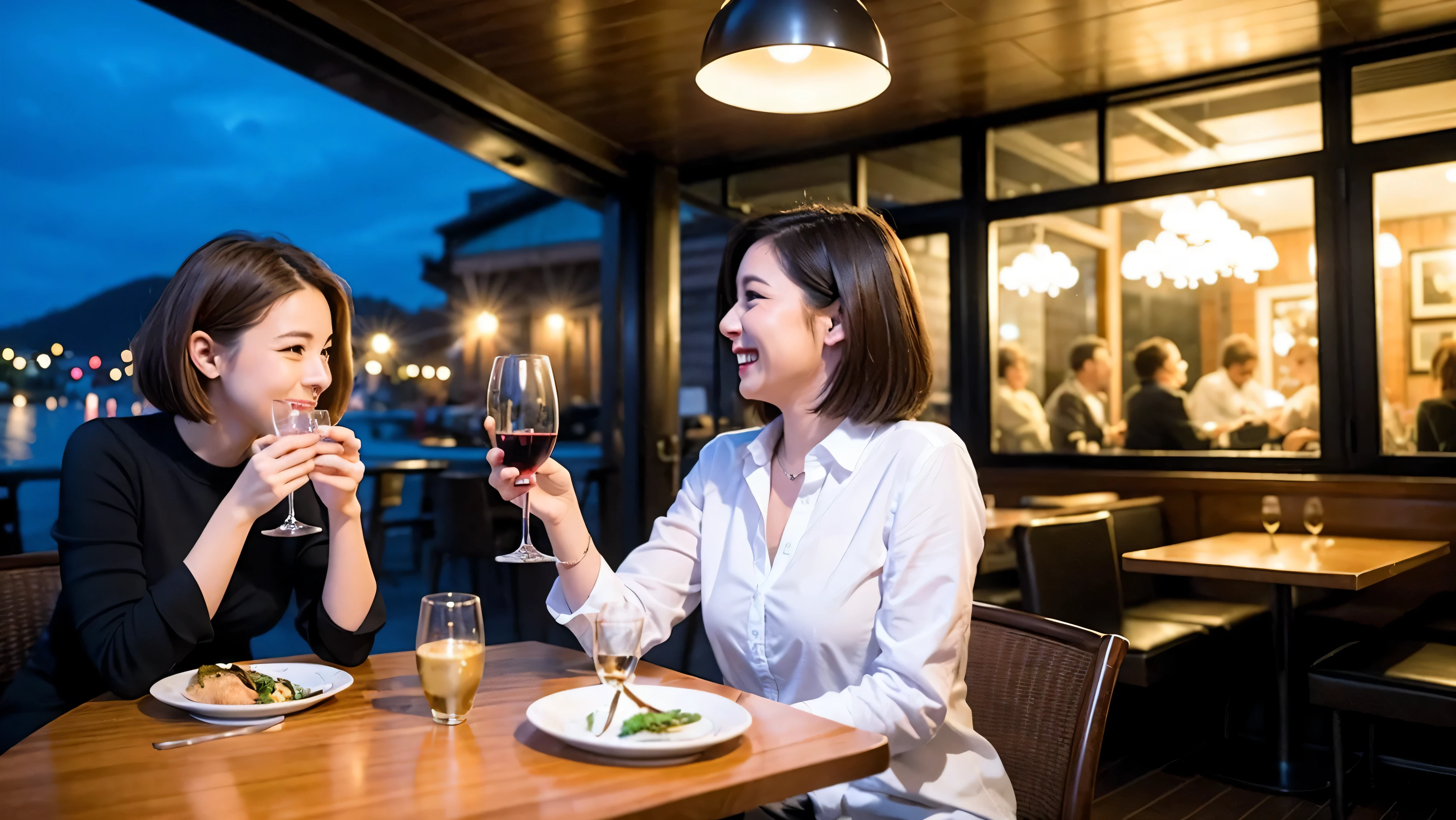 64k, UHD, highest quality, masterpiece: 1.2), (realistic, photorealistic: 1.37), Super detailed, celebration party、3 women who love wine、three men、champagne、Sparkling wine、winter night、restaurantでワイン宴会、(slimな男女4名),(Wine party for 5 people)、(slimフェイス),Happy、 最高なsmile、Fox Face、Raccoon face、Berry Short、(because I'thin), (brown hair), (shortcut), long sleeve shirt、winter fashion、Colombia、Brazilian、Japanese、Dutch、German、Portuguese、Belgian、Italian、french, (gush), (slimボティ), (brown hair), (shortcut), Neat beauty、cheeks blush a little, (41 years old), 38 years old, alone, A beautiful and detailed night view spreads out outside the window..., restaurant, wine glassが座っている, At night, in a prominent place (from the Upper body) nova frog style, actress, model, Upper body, White wine, slim, wine glass, very beautiful night view, wine glass Put in the Middle, Happy smile, (smile: 1.15),