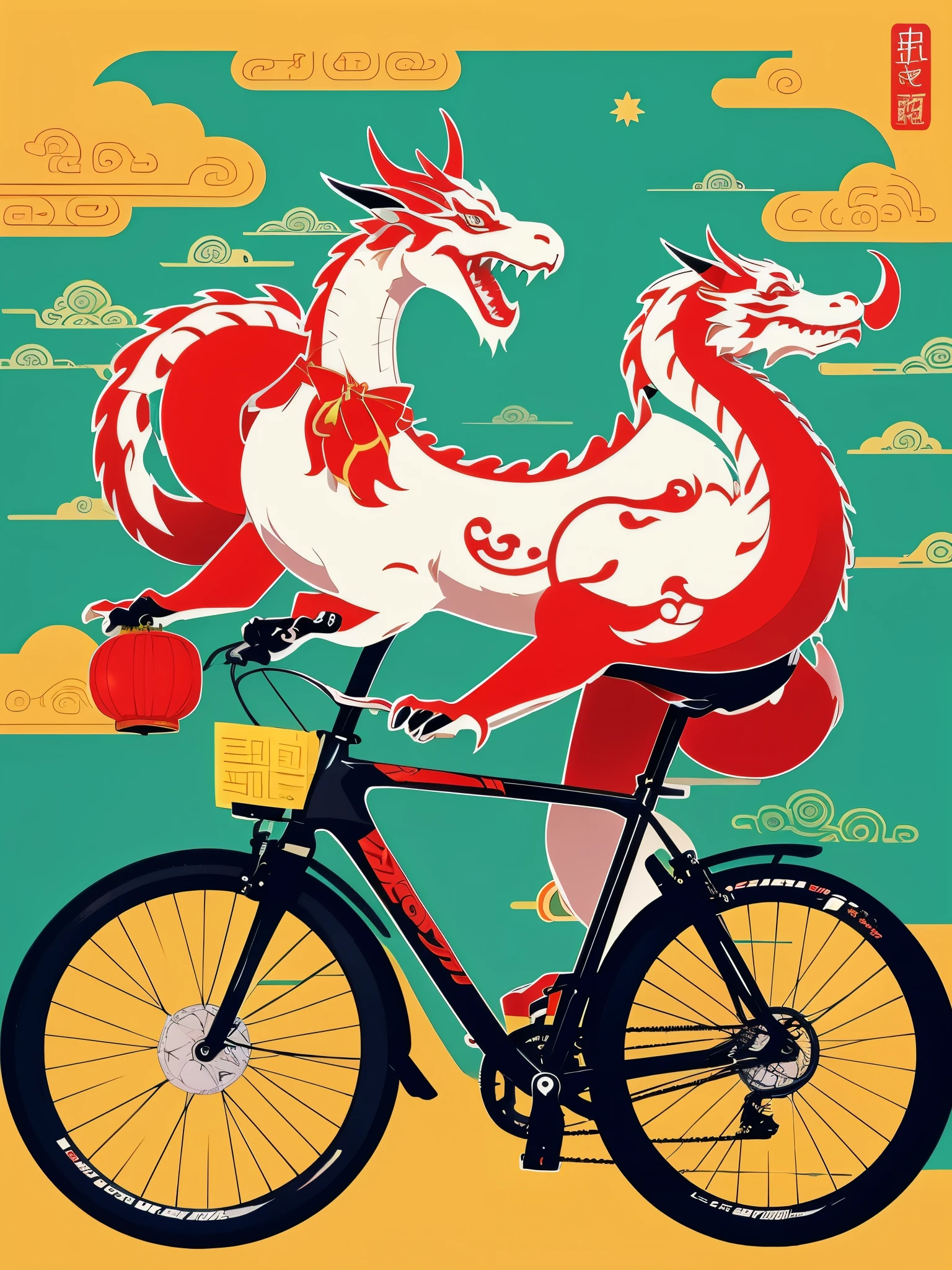 Chinese Dragon and Chinese Bicycle,new year atmosphere,Illustration,Super details,Simple and festive,Not a motorcycle,More coordinated