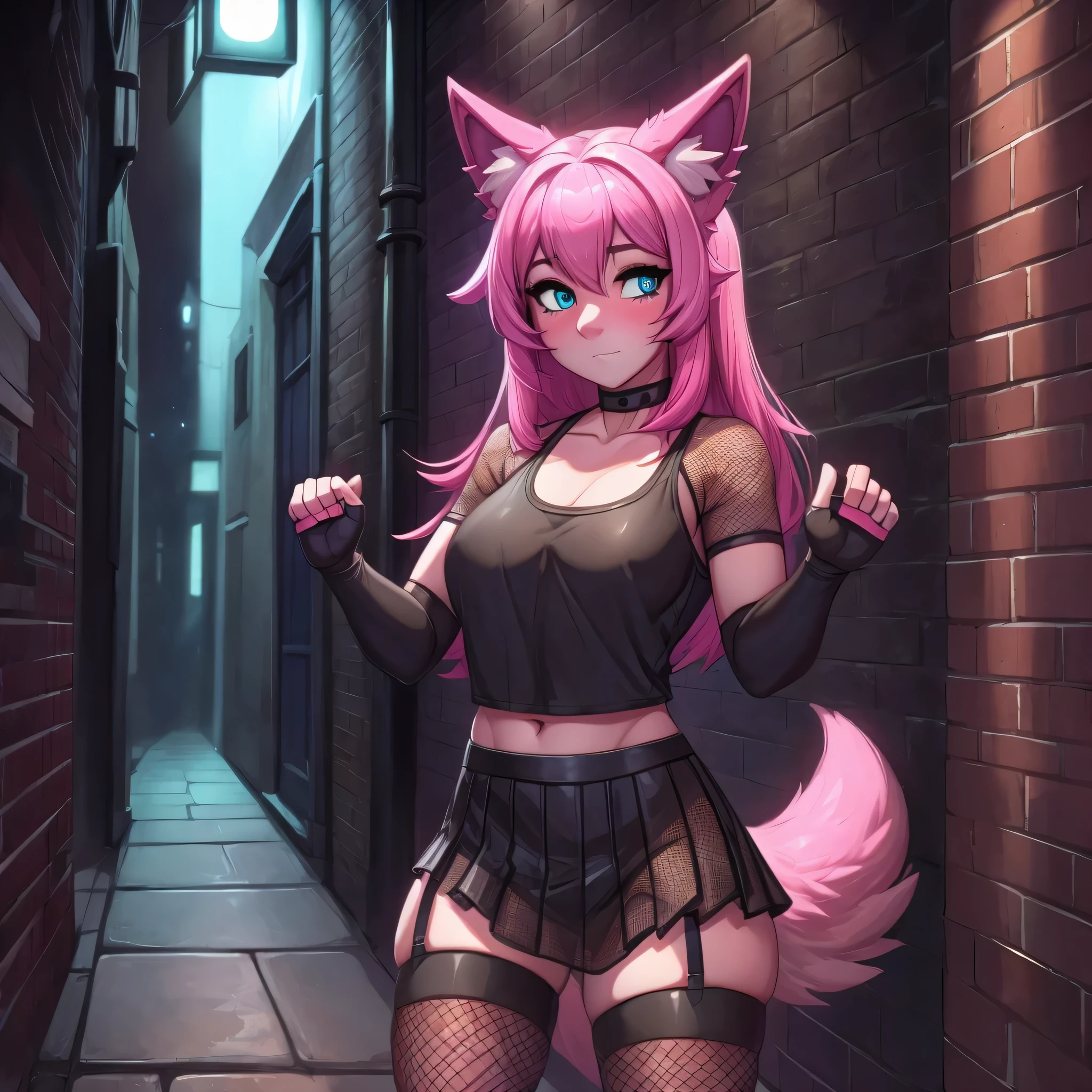 (Masterpiece) (High Detail) (High Res) A close up of A short cute humanoid girl with pale skin and turquoise eyes and long pink hair and pink dog ears and a big fluffy pink dog tail and average breasts. She is stood alone in a alleyway at night time and is wearing a black mesh t-shirt and long mesh fingerless gloves and a black lace bra and a black leather skirt and black fishnet stockings. She looks shy. Pink Hair. Pink Tail. Black eyeliner.