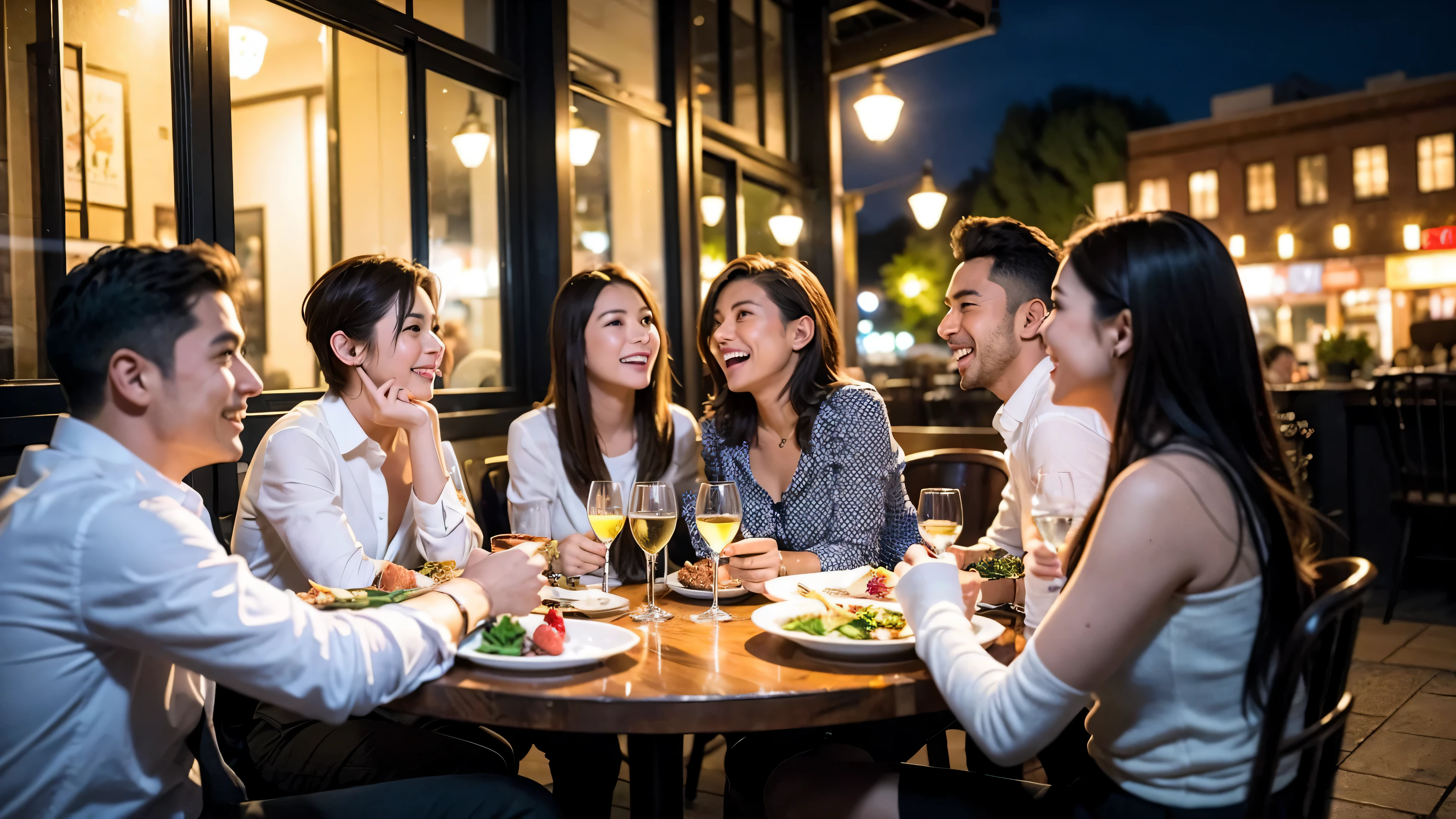 64k, UHD, highest quality, masterpiece: 1.2), (realistic, photorealistic: 1.37), Super detailed, celebration party、3 women who love wine、three men、champagne、Sparkling wine、winter night、restaurantでワイン宴会、(slimな男女4名),(Wine party for 5 people)、(slimフェイス),Happy、 最高なsmile、Fox Face、Raccoon face、Berry Short、(because I'thin), (brown hair), (shortcut), long sleeve shirt、winter fashion、Colombia、Brazilian、Japanese、Dutch、German、Portuguese、Belgian、Italian、french, (gush), (slimボティ), (brown hair), (shortcut), Neat beauty、cheeks blush a little, (41 years old), 38 years old, alone, A beautiful and detailed night view spreads out outside the window..., restaurant, wine glassが座っている, At night, in a prominent place (from the Upper body) nova frog style, actress, model, Upper body, White wine, slim, wine glass, very beautiful night view, wine glass Put in the Middle, Happy smile, (smile: 1.15),