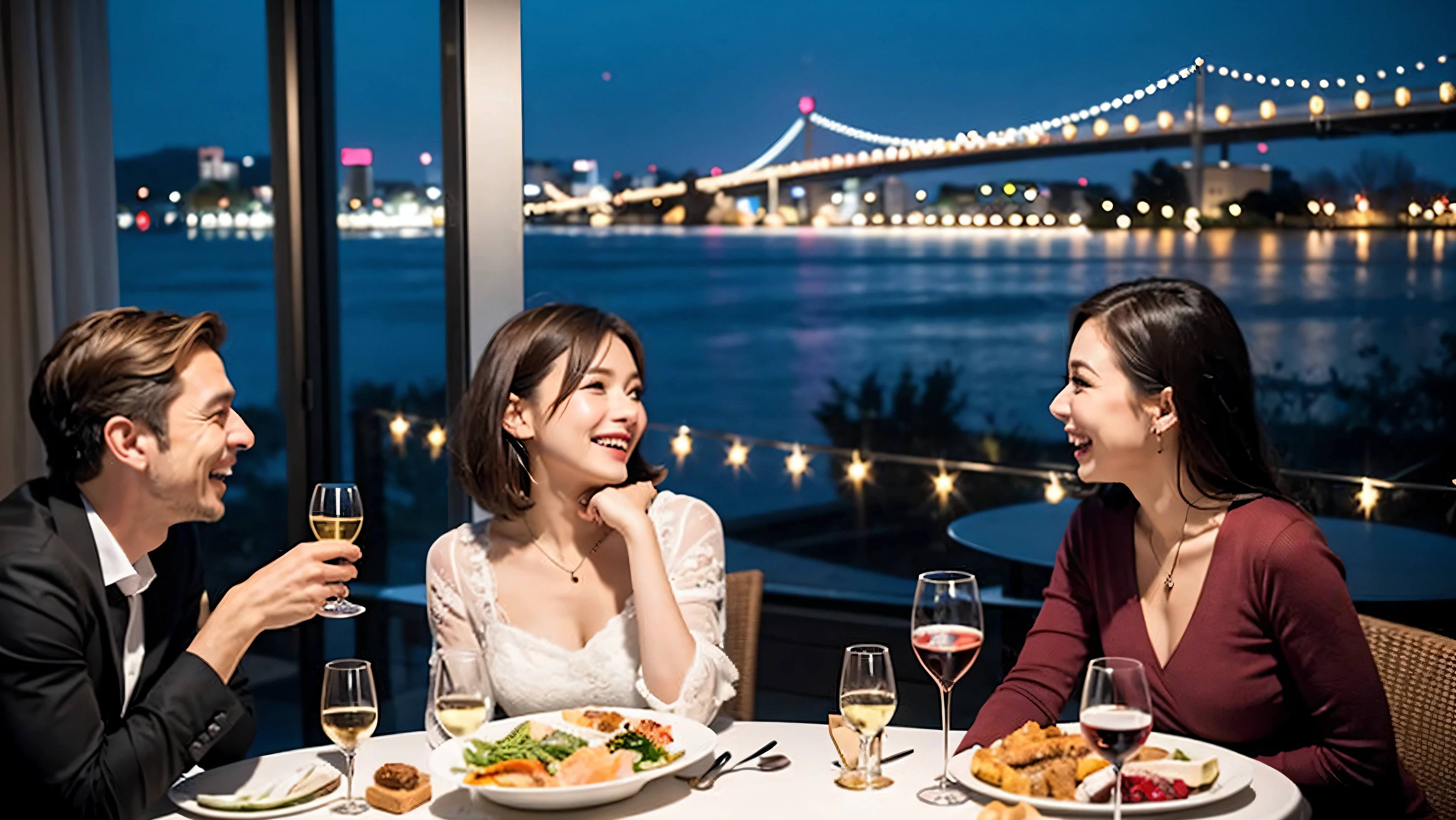 64k, UHD, highest quality, masterpiece: 1.2), (realistic, photorealistic: 1.37), Super detailed, celebration party、3 women who love wine、three men、champagne、Sparkling wine、winter night、restaurantでワイン宴会、(slimな男女4名),(Wine party for 5 people)、(slimフェイス),Happy、 最高なsmile、Fox Face、Raccoon face、Berry Short、(because I'thin), (brown hair), (shortcut), long sleeve shirt、winter fashion、Colombia、Brazilian、Japanese、Dutch、German、Portuguese、Belgian、Italian、french, (gush), (slimボティ), (brown hair), (shortcut), Neat beauty、cheeks blush a little, (41 years old), 38 years old, alone, A beautiful and detailed night view spreads out outside the window..., restaurant, wine glassが座っている, At night, in a prominent place (from the Upper body) nova frog style, actress, model, Upper body, White wine, slim, wine glass, very beautiful night view, wine glass Put in the Middle, Happy smile, (smile: 1.15),