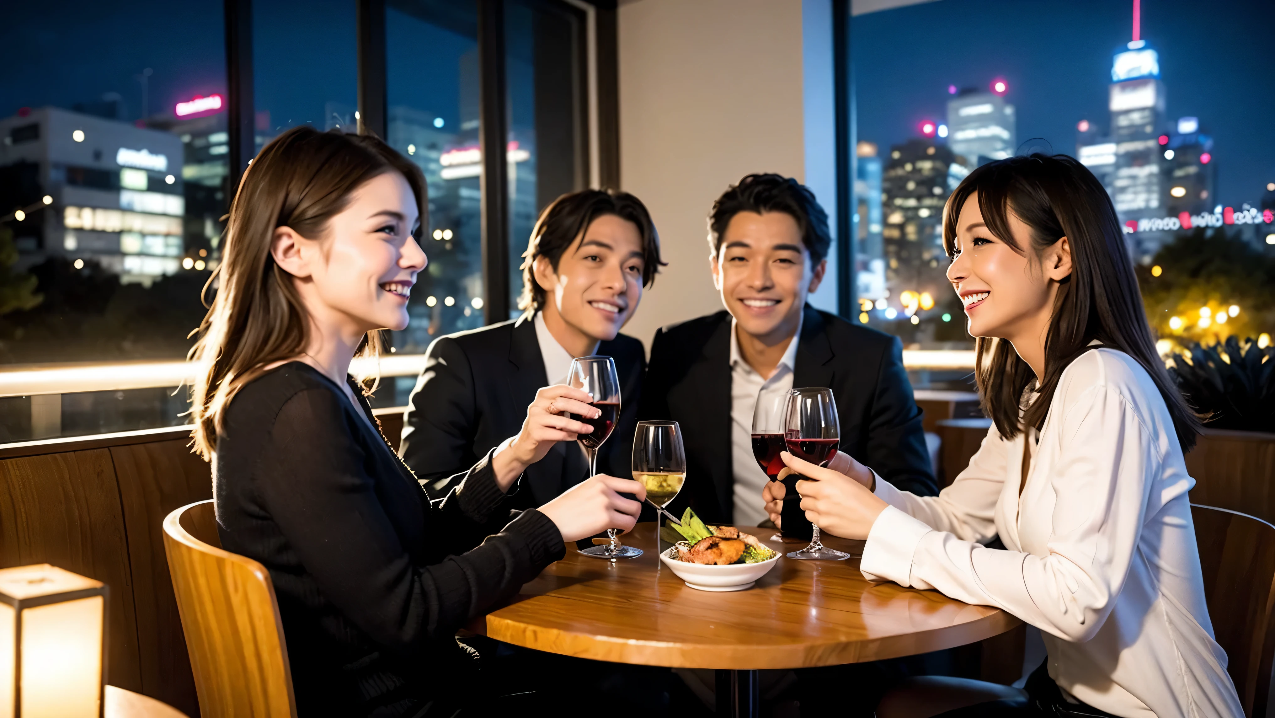 64k, UHD, highest quality, masterpiece: 1.2), (realistic, photorealistic: 1.37), Super detailed, celebration party、3 women who love wine、three men、champagne、Sparkling wine、winter night、restaurantでワイン宴会、(slimな男女4名),(Wine party for 5 people)、(slimフェイス),Happy、 最高なsmile、Fox Face、Raccoon face、Berry Short、(because I&#39;thin), (brown hair), (shortcut), long sleeve shirt、winter fashion、Colombia、Brazilian、Japanese、Dutch、German、Portuguese、Belgian、Italian、french, (gush), (slimボティ), (brown hair), (shortcut), Neat beauty、cheeks blush a little, (41 years old), 38 years old, alone, A beautiful and detailed night view spreads out outside the window..., restaurant, wine glassが座っている, At night, in a prominent place (from the Upper body) nova frog style, actress, model, Upper body, White wine, slim, wine glass, very beautiful night view, wine glass Put in the Middle, Happy smile, (smile: 1.15), 