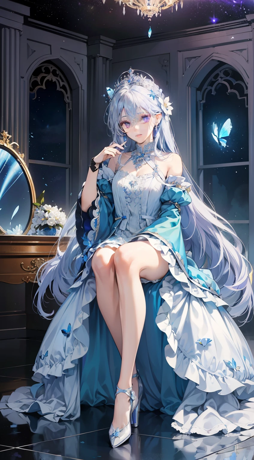 (masterpiece, best quality: 1.4), Detailed background, White crystal, crystal cluster, long hair, jewelry, earrings, necklace, crown, bride, white hair, halo, (overlooking), dynamic angle, Super detailed, illustration, close up, Look directly, 1 girl, (fantasy: 1.4), (purple eyes: 1.233), Her eyes sparkle like dreamy stars, (glowing eyes: 1.233), (beautiful and delicate eyes: 1.1), (silver hair: 1.14), (messy hair, Very long hair, French braid, hair between eyes, side hair), (+(Blue hair flower: 1.14)), (Chiffon Dress, Uniform blue flower pattern)/= (military uniform: 1.24), (Slit sleeves, wide sleeves), (fingerless gloves), collar, (Miko stockings), high-heel boots, (Poker face, shut up), (permanent), (Classical princess boudoir with dressing table and floor-to-ceiling windows in a white ancient palace), (white flower, bloom), (deep sea), (flowing water), (dark blue world tree:1.14),(ruins),(night:1.2),fantastic,soul,(fluorescence),(Flying translucent blue butterfly:1.15),[slender fingers and hands:0.55]::0.85], (Finger details), (yubao:0.5)
