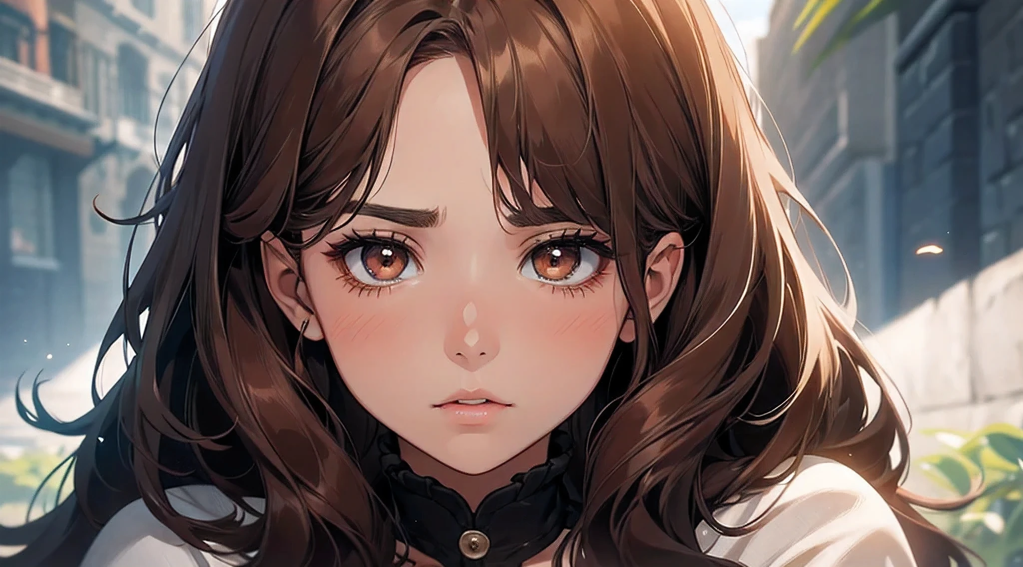 Anime girl with long brown hair and blue eyes in a city - SeaArt AI