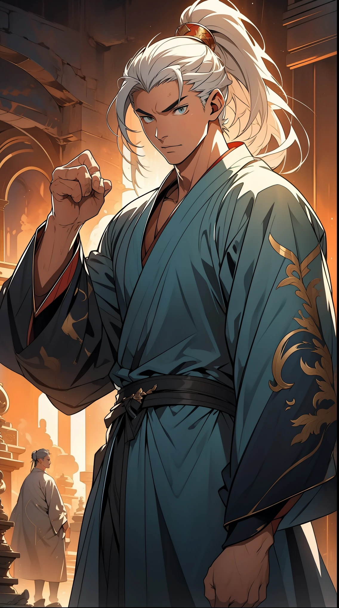 Two dimensions,anime style,one person(male warrior),proportions are correct,facial details,swordsman,high ponytail hairstyle,neck detail,Have an Adam's apple,Green robe,joke,Cyan robe,clothing details,transfer,long sleeves,Game quality,fencing,Ray tracing,Ray tracing,Detailed glow,CG rendering,hair details,long white hair,s eyes,Handsome,Handsome,(Youthful feeling),Clothing is complicated,Perfect composition,refine,high quality,higher details,many details,Complex background,a sense of atmosphere,