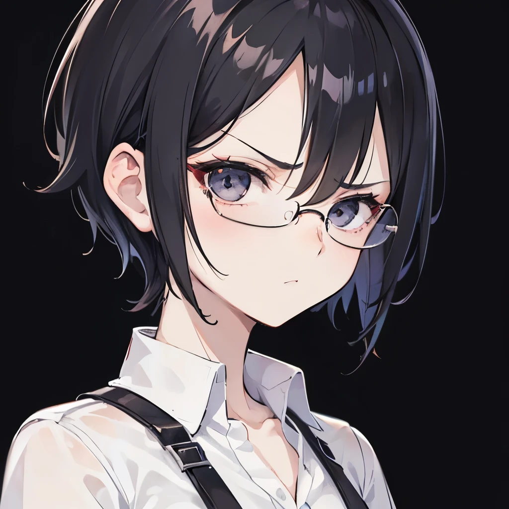 A girl, face picture, flat chest, black hair, pixie hairstyle, glasses, angry, white shirt, no accesories, nerd, pixie haircut, black eyes, front viewpoint, character profile, face