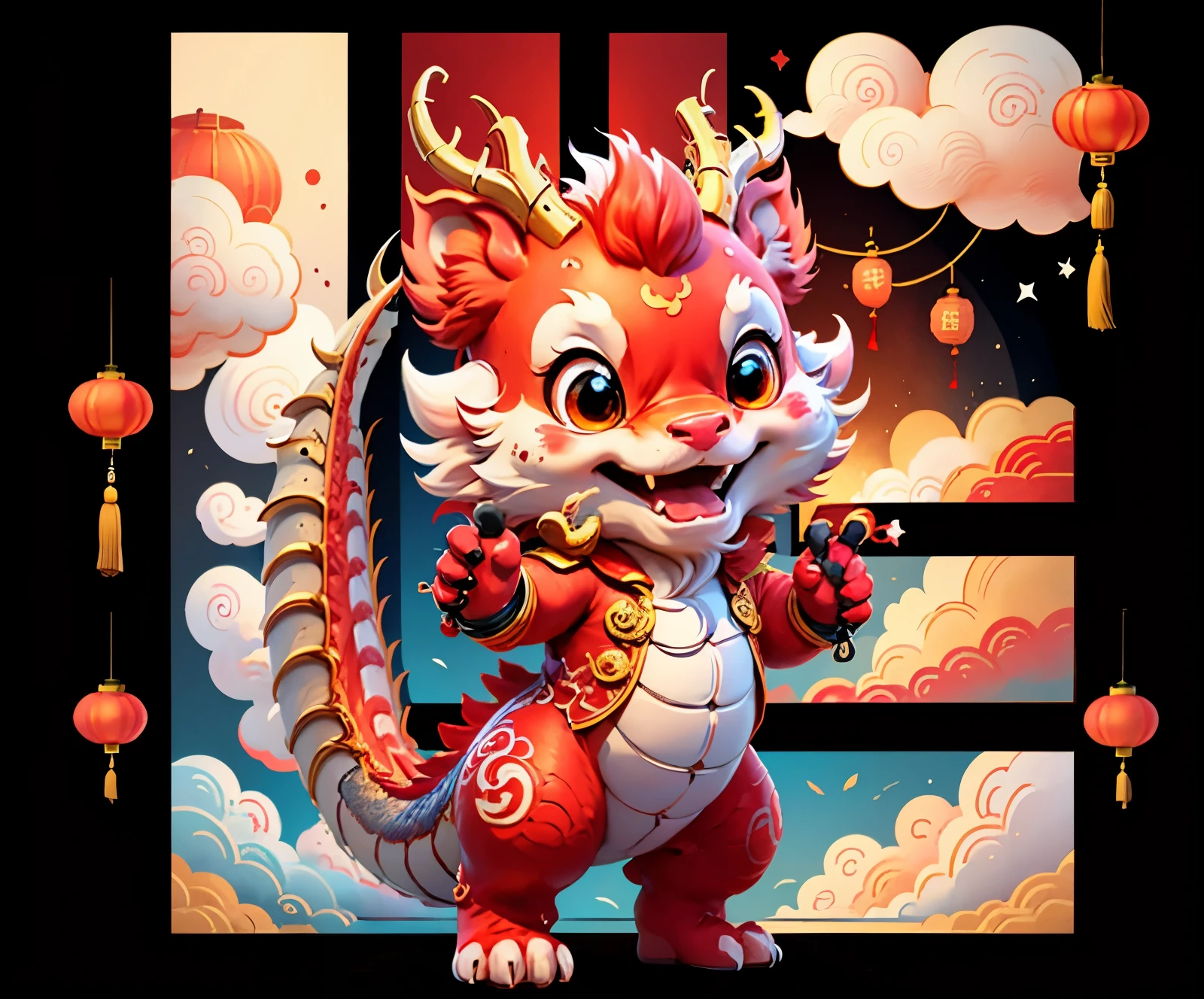 A promotional image for a business logo,masterpiece,best quality,Delicate picture quality,HD。big chinese dragon,a tail,Good luck,standing on red background,The expression is very amiable。Lucky cloud patterns are scattered around,Red lantern hanging high,Fireworks and firecrackers bloom。The whole picture is very festive,Full of Chinese elements。A strong atmosphere to welcome the New Year,Make people feel peace and joy。red envelopes、Ingots、Paper cranes surround the dragon。