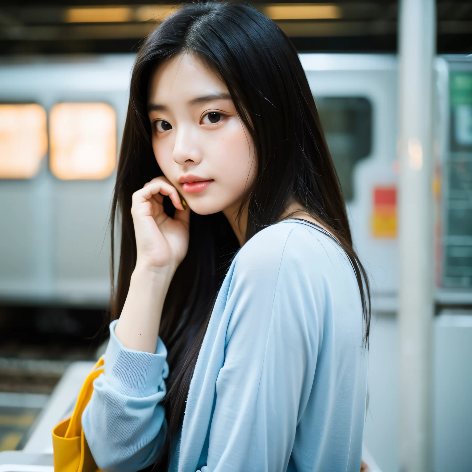 Beautiful Korean fashion model bokeh train movie photo