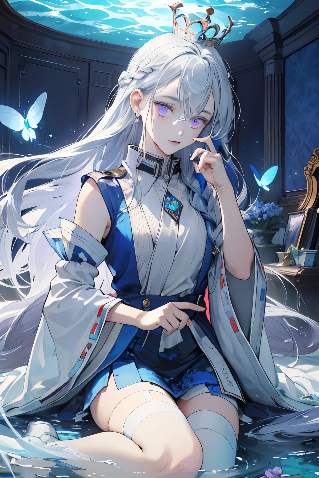 (masterpiece, best quality: 1.4), Detailed background, White crystal, crystal cluster, long hair, jewelry, earrings, necklace, crown, bride, white hair, halo, (overlooking), dynamic angle, Super detailed, illustration, close up, Look directly, 1 girl, (fantasy: 1.4), (purple eyes: 1.233), Her eyes sparkle like dreamy stars, (glowing eyes: 1.233), (beautiful and delicate eyes: 1.1), (silver hair: 1.14), (messy hair, Very long hair, French braid, hair between eyes, side hair), (+(Blue hair flower: 1.14)), (Chiffon Dress, Uniform blue flower pattern)/= (military uniform: 1.24), (Slit sleeves, wide sleeves), (fingerless gloves), collar, (Miko stockings), high-heel boots, (Poker face, shut up), (permanent), (Classical princess boudoir with dressing table and floor-to-ceiling windows in a white ancient palace), (white flower, bloom), (deep sea), (flowing water), (dark blue world tree:1.14),(ruins),(night:1.2),fantastic,soul,(fluorescence),(Flying translucent blue butterfly:1.15),[slender fingers and hands:0.55]::0.85], (Finger details), (yubao:0.5)
