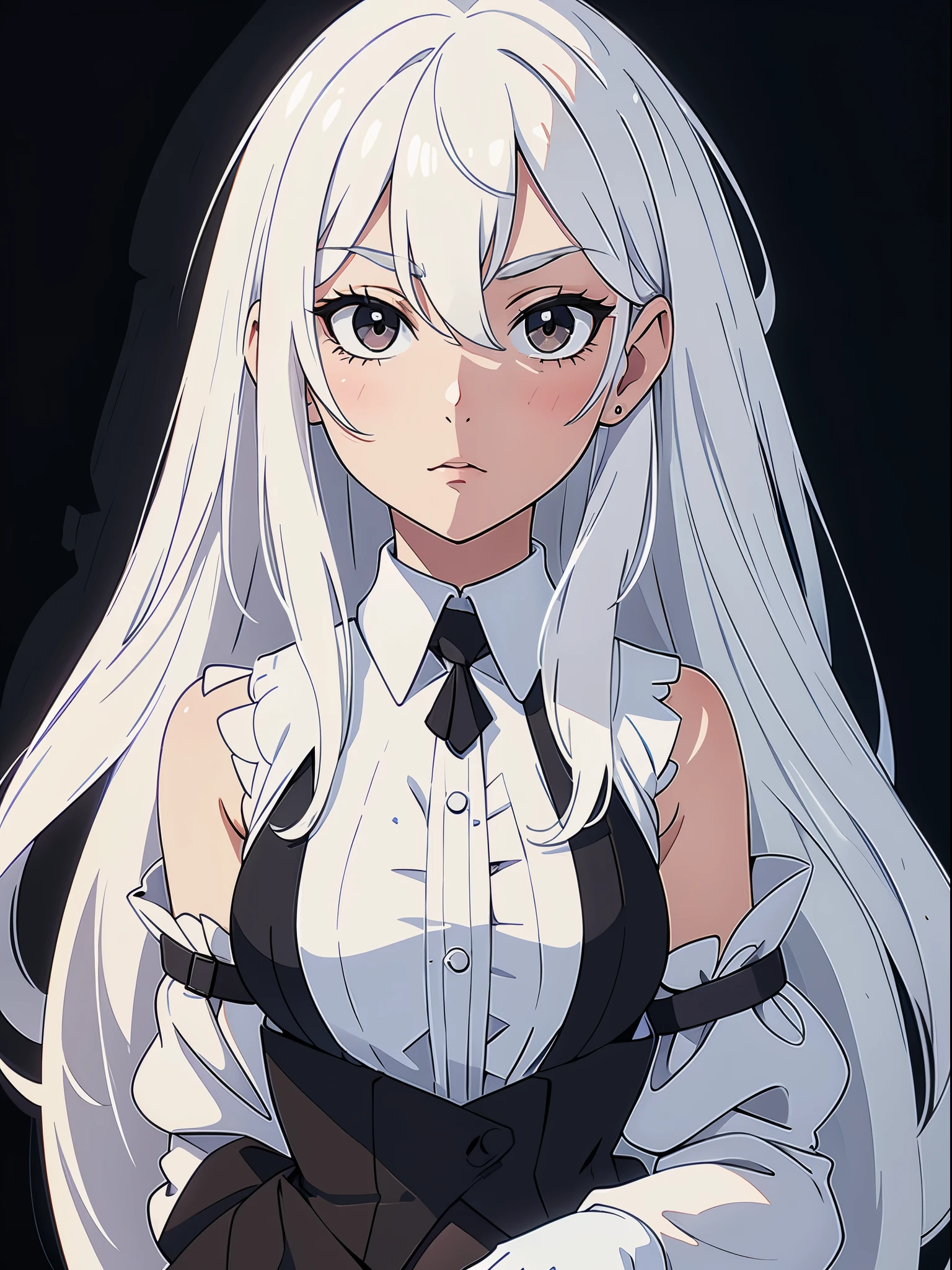 ((White hair)),((Head and Shoulders Image)),(super-long hair),Sexy,A person,Alone,Simple style,pancake ,Simple details,Black background,Empty background,Black background wall,(20 year old woman),(Cotehardie),(White Gloves),Lace Shirt,Waistcoat,Pray