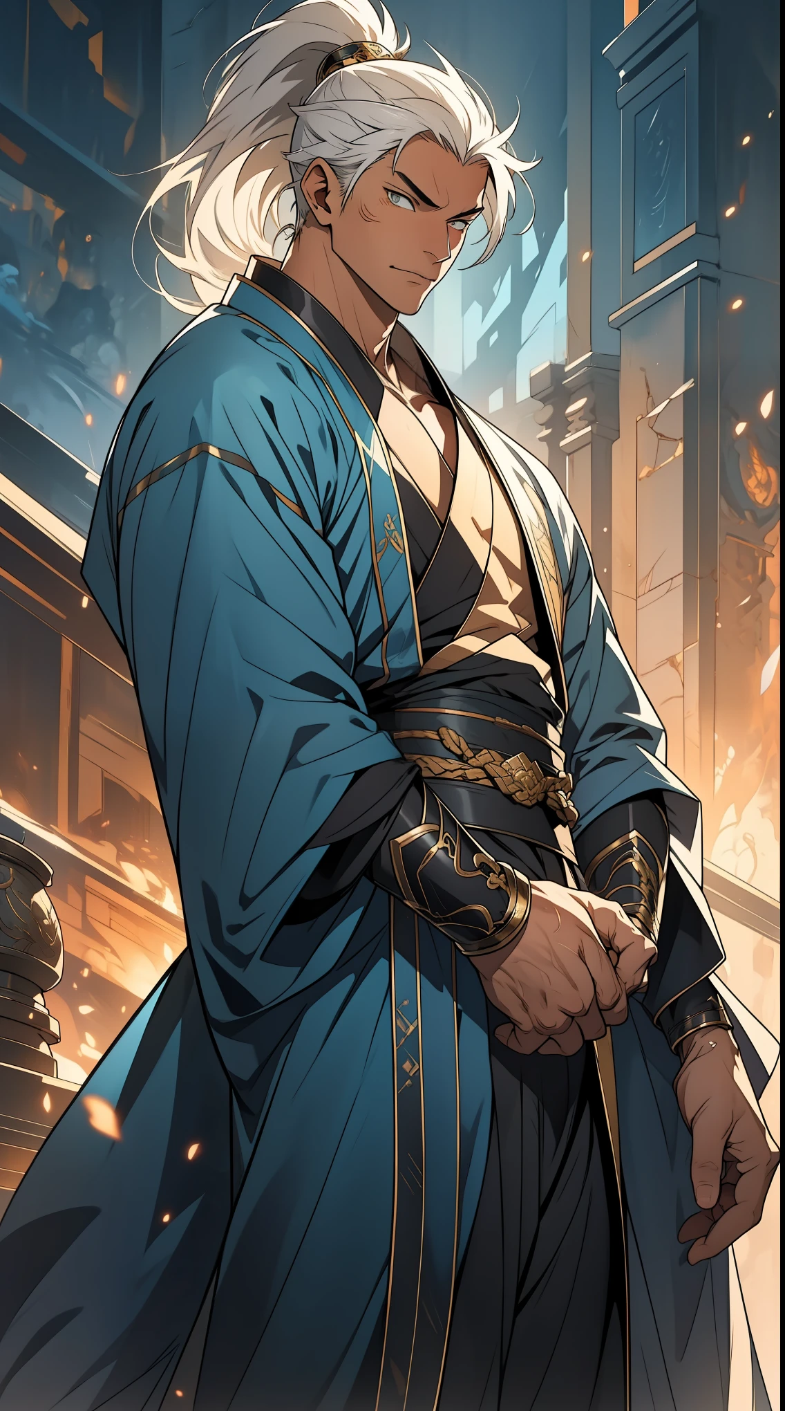 Two dimensions，anime style，one person（male warrior），proportions are correct，facial details，swordsman，high ponytail hairstyle，neck detail，Have an Adam&#39;s apple，Green robe，joke，Cyan robe，clothing details，transfer，long sleeves，Game quality，fencing，Ray tracing，Ray tracing，Detailed glow，CG rendering，hair details，long white hair，s eyes，Handsome，Handsome，（Youthful feeling），Clothing is complicated，Perfect composition，refine，high quality，higher details，many details，Complex background，a sense of atmosphere，