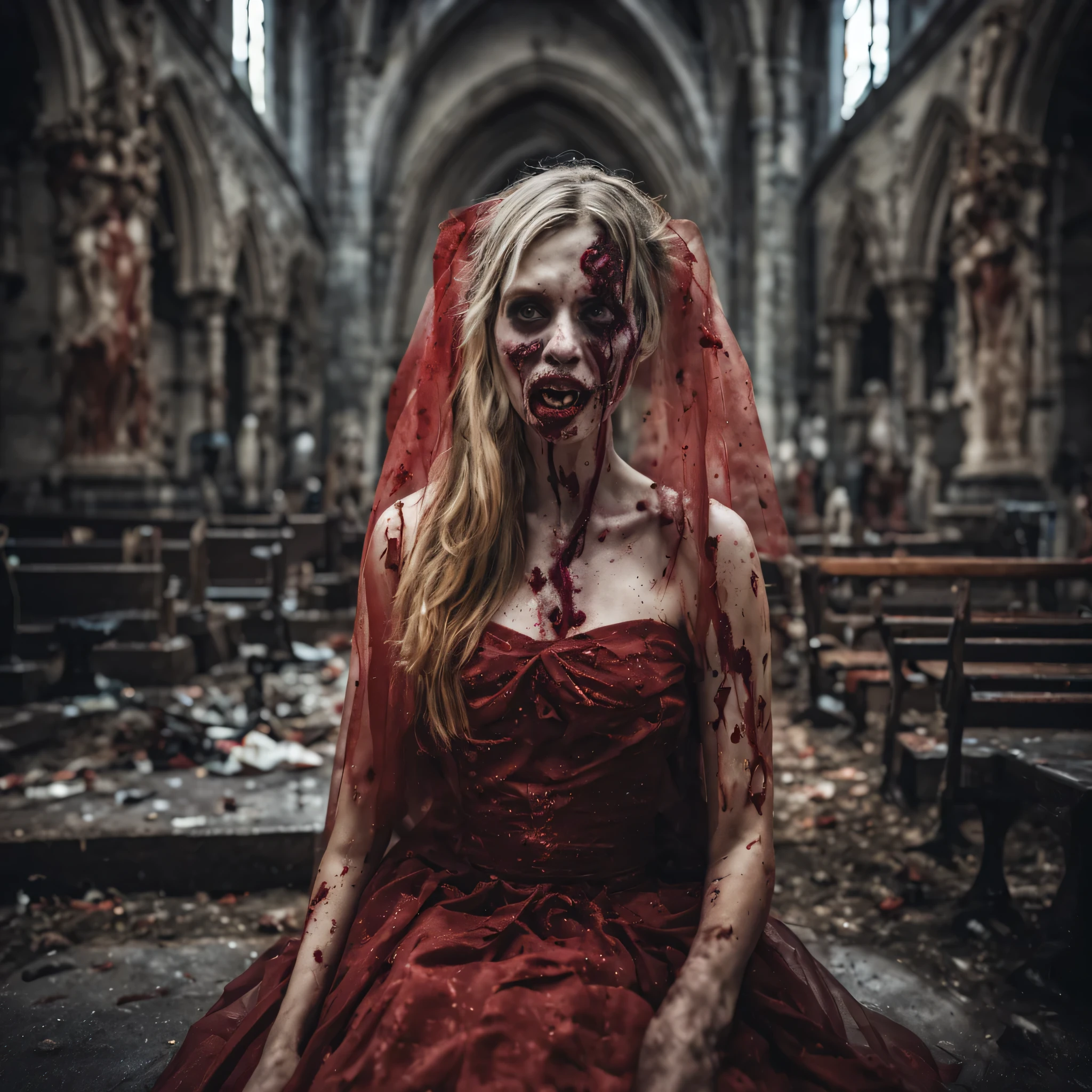 (zombie young girl face:1.4), a bride, zombie face, angry face, hair with strands of gray hair, open mouth, rotten, in a dirty torn wedding dress, a dress in red liquid paint, in a veil, wounds, abrasions, cuts, bruises, bullet holes on the body, in the background a church cathedral, cemetery, detail face, detail backgrounds little blur, reflection from wet, not much light on models, correct shadows, HDR, photorealistic, professional photo, gloomy style