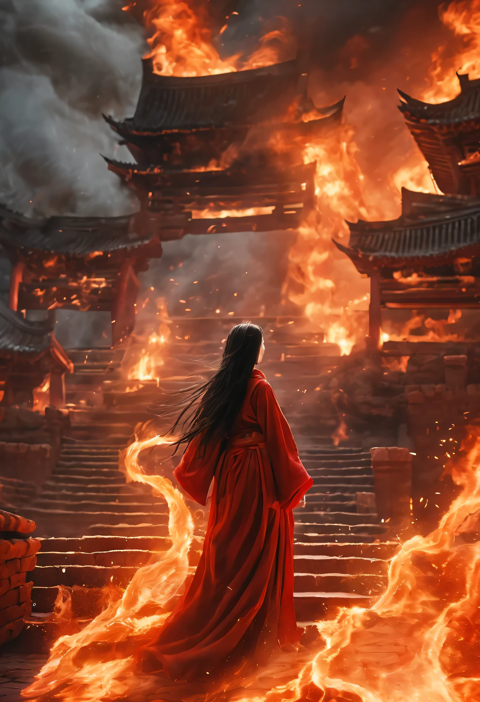 night sky，night，fire，fire海，烈fire，Burning ancient Chinese buildings，capital city，ancient city，collapse，ruins，（汉服红衣女子奔向fire中），explode，burst，ethnic style，Chinese elements，