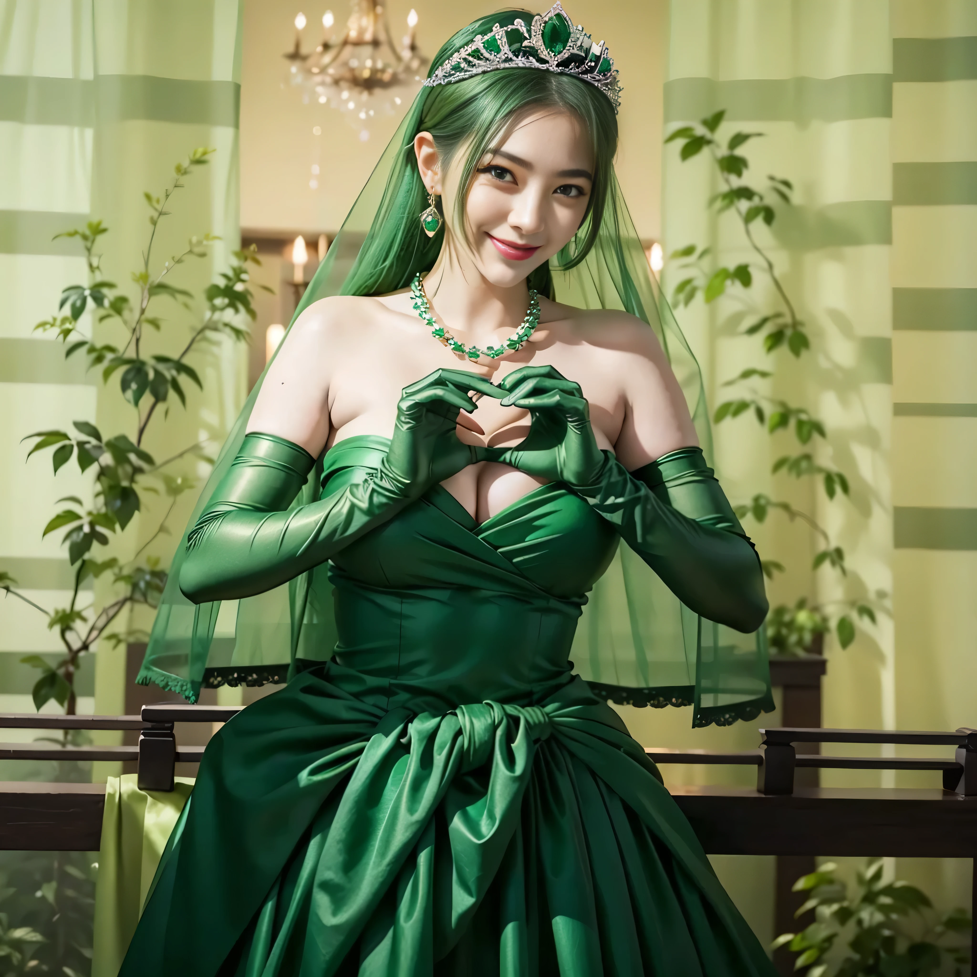 emerald tiara, green pearl necklace, ボーイッシュな非常に短いgreen hair, lipstick, smiling Japanese woman, very short hair, Beauty with large breasts, green eyes, Long Green Satin Gloves, green eyes, emerald earrings, green veil, heart with both hands, green hair, beautiful japanese woman, heart shaped hand:1.3