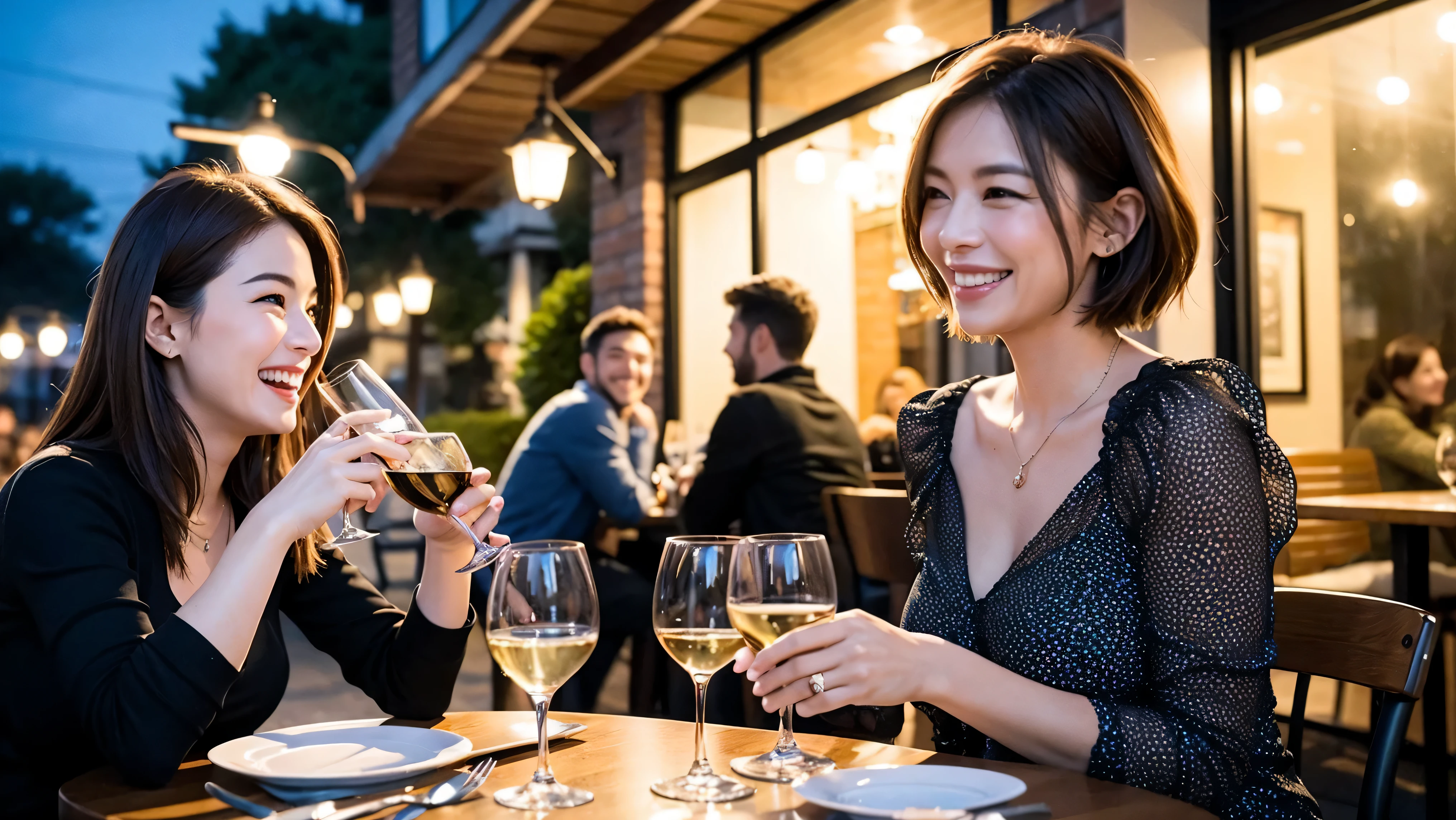 64k, UHD, highest quality, masterpiece: 1.2), (realistic, photorealistic: 1.37), Super detailed, celebration party、3 women who love wine、three men、champagne、Sparkling wine、winter night、restaurantでワイン宴会、(slimな男女4名),(Wine party for 5 people)、(slimフェイス),Happy、 最高なsmile、Fox Face、Raccoon face、Berry Short、(because I'thin), (brown hair), (shortcut), long sleeve shirt、winter fashion、Colombia、Brazilian、Japanese、Dutch、German、Portuguese、Belgian、Italian、french, (gush), (slimボティ), (brown hair), (shortcut), Neat beauty、cheeks blush a little, (41 years old), 38 years old, alone, A beautiful and detailed night view spreads out outside the window..., restaurant, wine glassが座っている, At night, in a prominent place (from the Upper body) nova frog style, actress, model, Upper body, White wine, slim, wine glass, very beautiful night view, wine glass Put in the Middle, Happy smile, (smile: 1.15),