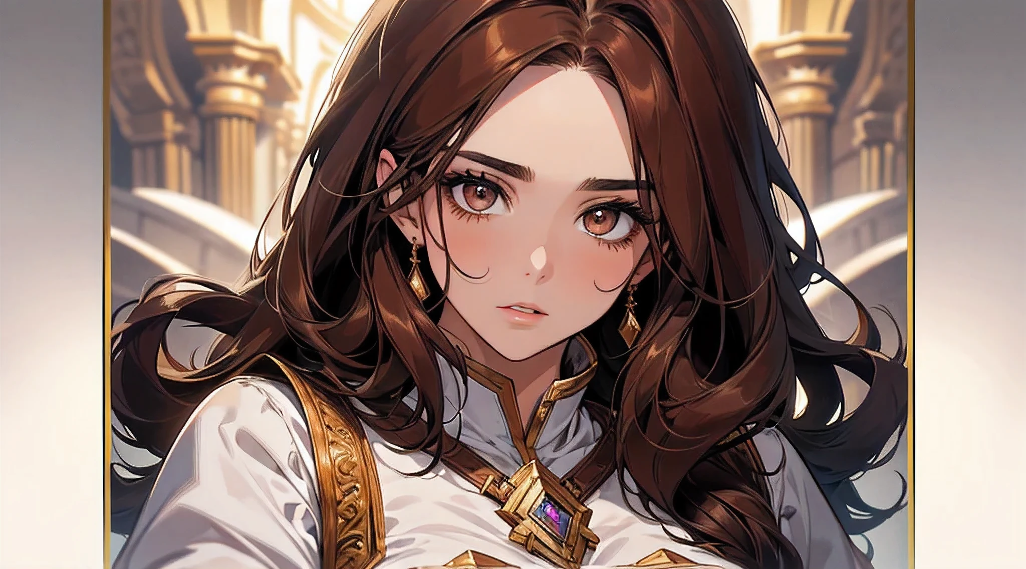 A beautiful blushing woman with green eyes and brown hair, she is a sorceress wearing silk robes;, semi nua sexy, Low lighting Pink lips A princess of magic and a sad look of dramatic concern Expressive Leaning against the wooden wall An art for an RPG A medieval art for RPG, perfect ace, perfect eyes, perfect nose, perfect body