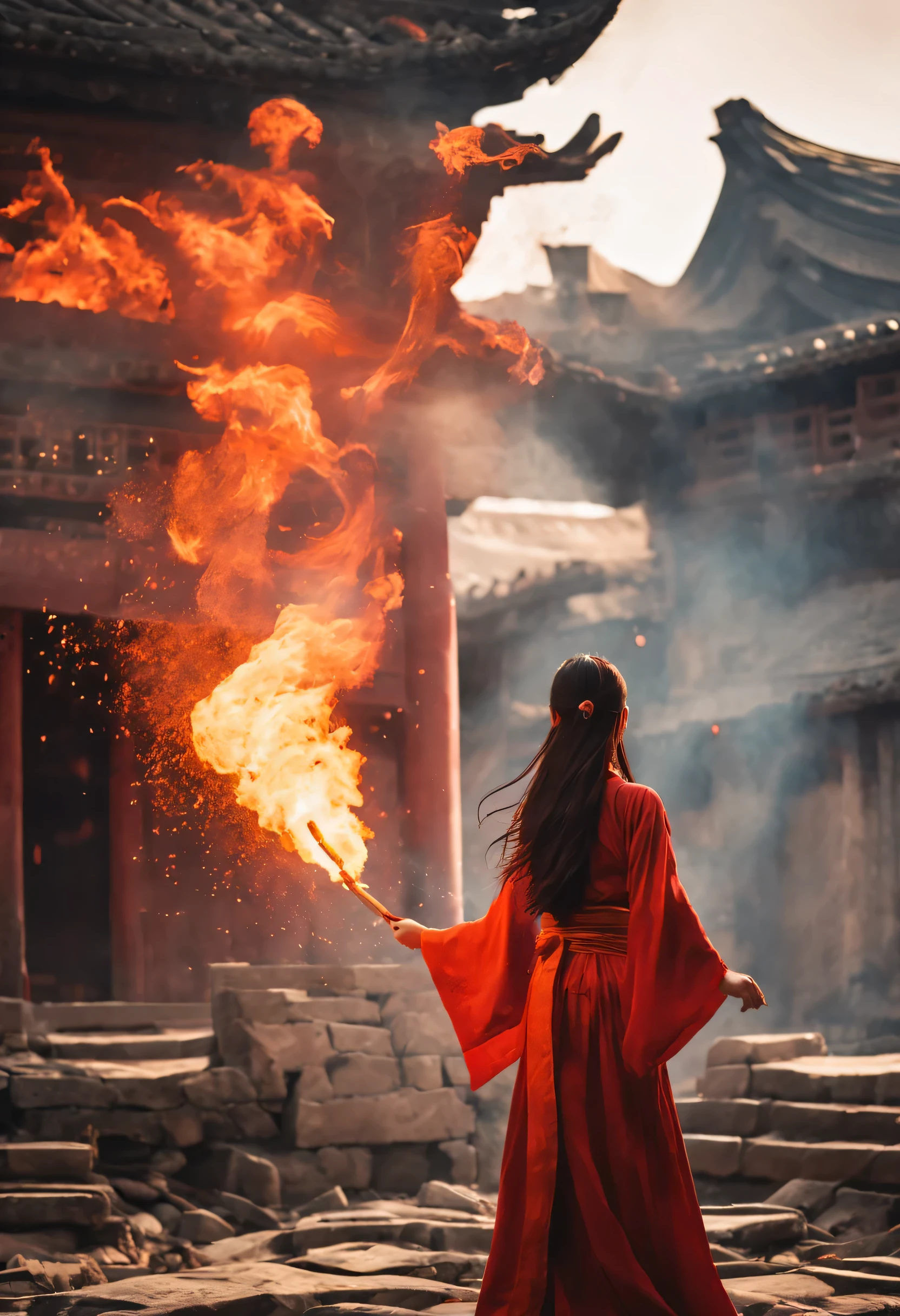 night sky，night，fire，fire海，烈fire，Burning ancient Chinese buildings，capital city，ancient city，collapse，ruins，（汉服红衣女子奔向fire中），explode，burst，ethnic style，Chinese elements，