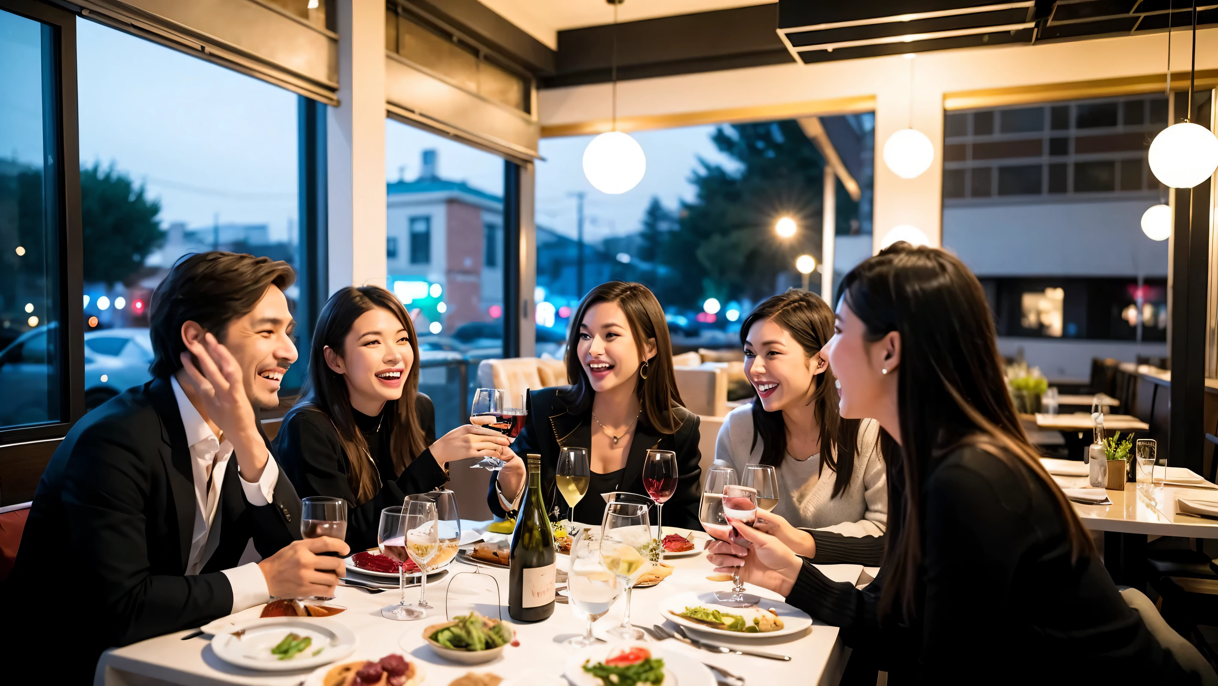 64k, UHD, highest quality, masterpiece: 1.2), (realistic, photorealistic: 1.37), Super detailed, celebration party、3 women who love wine、three men、champagne、Sparkling wine、winter night、restaurantでワイン宴会、(slimな男女4名),(Wine party for 5 people)、(slimフェイス),Happy、 最高なsmile、Fox Face、Raccoon face、Berry Short、(because I'thin), (brown hair), (shortcut), long sleeve shirt、winter fashion、Colombia、Brazilian、Japanese、Dutch、German、Portuguese、Belgian、Italian、french, (gush), (slimボティ), (brown hair), (shortcut), Neat beauty、cheeks blush a little, (41 years old), 38 years old, alone, A beautiful and detailed night view spreads out outside the window..., restaurant, wine glassが座っている, At night, in a prominent place (from the Upper body) nova frog style, actress, model, Upper body, White wine, slim, wine glass, very beautiful night view, wine glass Put in the Middle, Happy smile, (smile: 1.15),
