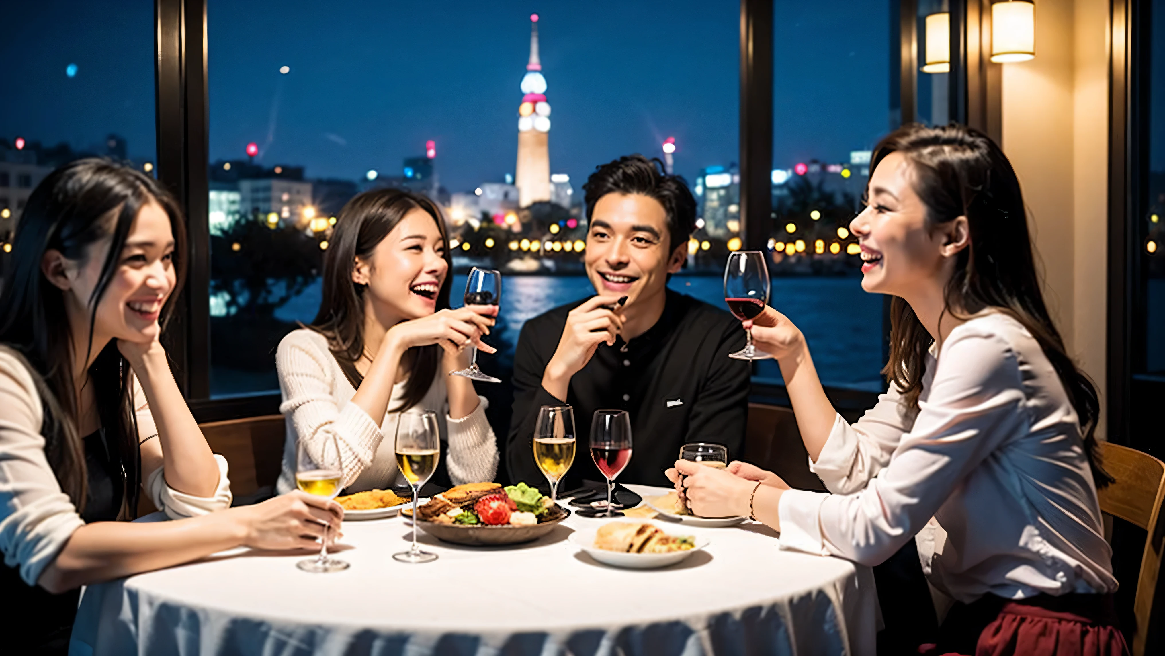 64k, UHD, highest quality, masterpiece: 1.2), (realistic, photorealistic: 1.37), Super detailed, celebration party、beauty、beautiful mature woman、3 women who love wine、three men、champagne、sparkling wine、winter night、restaurantでワイン宴会、(slimな男女4名),(Wine party for 5 people)、(slimフェイス),Happy、 最高なsmile、Fox Face、Berry Short、(because I'thin), (brown hair), (shortcut), long sleeve shirt、winter fashion、Japanese、Dutch、German、Portuguese、Belgian、Italian、french, (gushing), (slimボティ), (brown hair), (shortcut), 端正なbeauty、cheeks blush a little, (34 years old), 38 years old,32 years old、40 years old、 A beautiful and detailed night view spreads out outside the window......, restaurant, wine glassが座っている, At night, in a prominent place (from the Upper body) nova frog style, actress, model, Upper body, White wine, slim, wine glass, Very beautiful night view, wine glass Put in the Middle, Happy smile, (smile: 1.15),