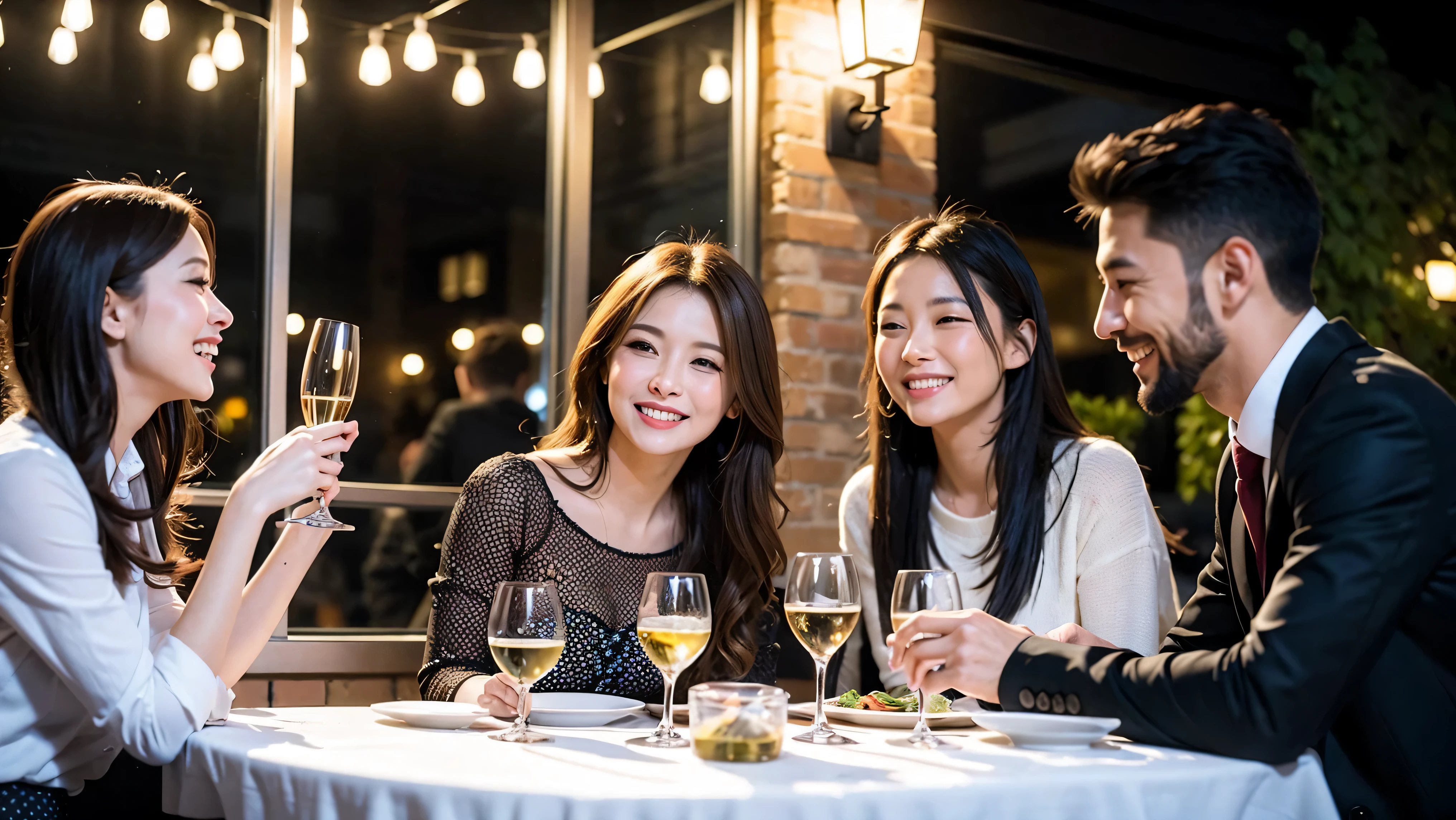 64k, UHD, highest quality, masterpiece: 1.2), (realistic, photorealistic: 1.37), Super detailed, celebration party、3 women who love wine、three men、champagne、Sparkling wine、winter night、restaurantでワイン宴会、(slimな男女4名),(Wine party for 5 people)、(slimフェイス),Happy、 最高なsmile、Fox Face、Raccoon face、Berry Short、(because I&#39;thin), (brown hair), (shortcut), long sleeve shirt、winter fashion、Colombia、Brazilian、Japanese、Dutch、German、Portuguese、Belgian、Italian、french, (gush), (slimボティ), (brown hair), (shortcut), Neat beauty、cheeks blush a little, (41 years old), 38 years old, alone, A beautiful and detailed night view spreads out outside the window..., restaurant, wine glassが座っている, At night, in a prominent place (from the Upper body) nova frog style, actress, model, Upper body, White wine, slim, wine glass, very beautiful night view, wine glass Put in the Middle, Happy smile, (smile: 1.15), 