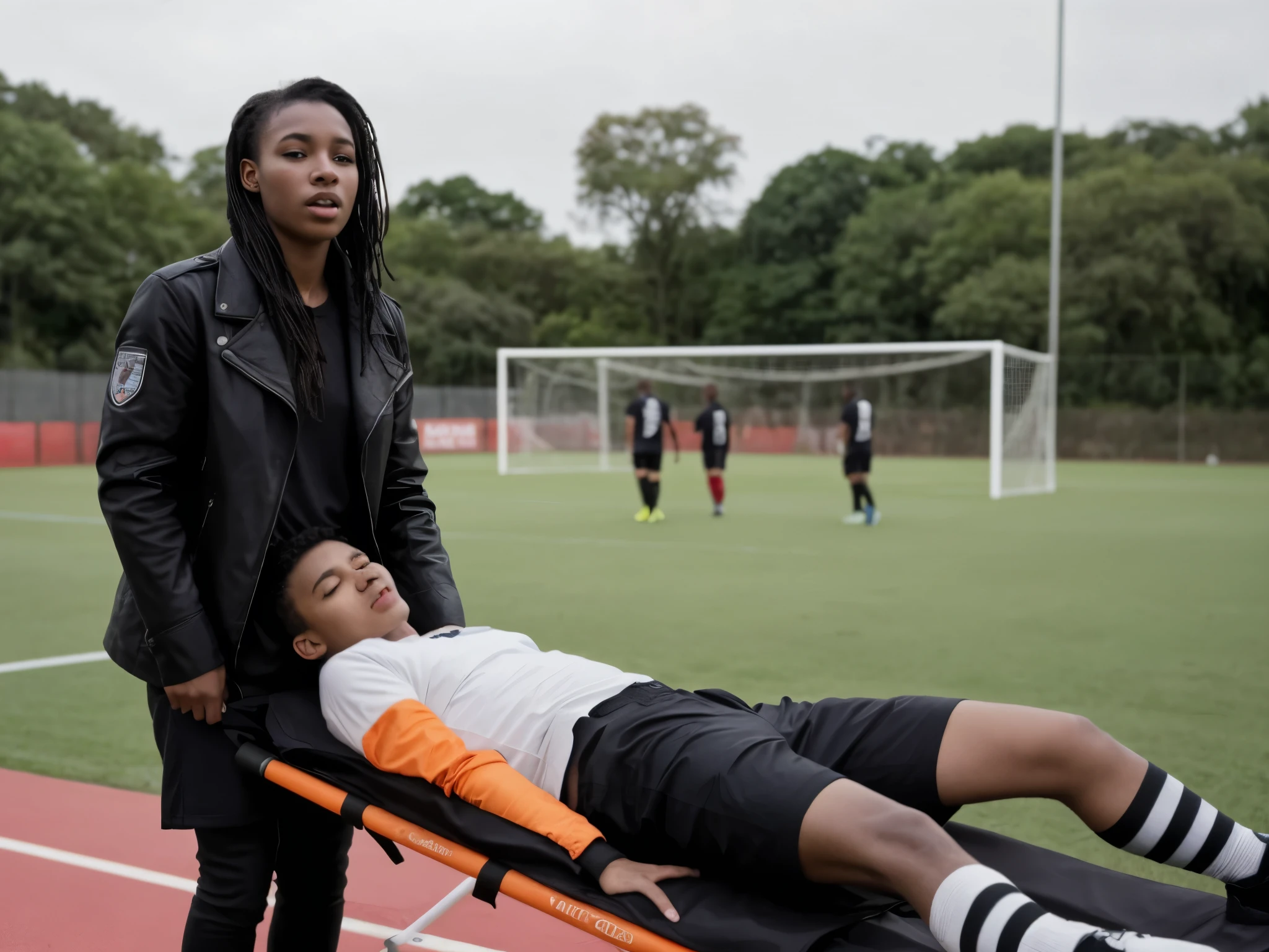 a very shiny padded leather coat, soccer, sports injury, theatralic erotic action, intense erotic scene, erotic pose, a love scene, interracial loving action, erotic, an injured soccer-boy in matte cotton sportswear is rearing up in pain on a stretcher, an injured soccer-boy in matte cotton sportswear is rearing up in pain on a stretcher that is carried by his african girlfriend, there is an attractive african girl in a deep black high-shine biker-jacket, a terrified but attractive african girl is evacuating her injured soccer-boyfriend from a soccer field, an injured soccer-boy in matte cotton sportswear is rearing up in pain on a stretcher while he is evacuated from the field of play by his very attractive african girlfriend, an injured soccer-boy is crying in pain, an attractive african girl in a wet deep black shiny plastic-jacket is giving first aid, dramatic action scene, first aid, injury, pain, agony, helping woman, woman carrying a man, an attractive african girl in a black shiny biker- jacket, an attractive african girl in a wetlook shiny patent-leather-biker-jacket with lipstick and madeup smokey eyes, a consciousless german boy in a cotton shirt and a matte jeans, an attractive african girl with lots of makeup in a very shiny wet black biker-jacket, an attractive african girl is wearing a shiny bikerjacket, an attractive african girl with smokey eyes, an attractive madeup girl in shiny leather with lipstick, an attractive african girl is carrying a german boy, a matte clothed injured boy, a shorthaired boy with cotton t-shirt, a shorthaired boy needs to be carried while wearing matte sportswear