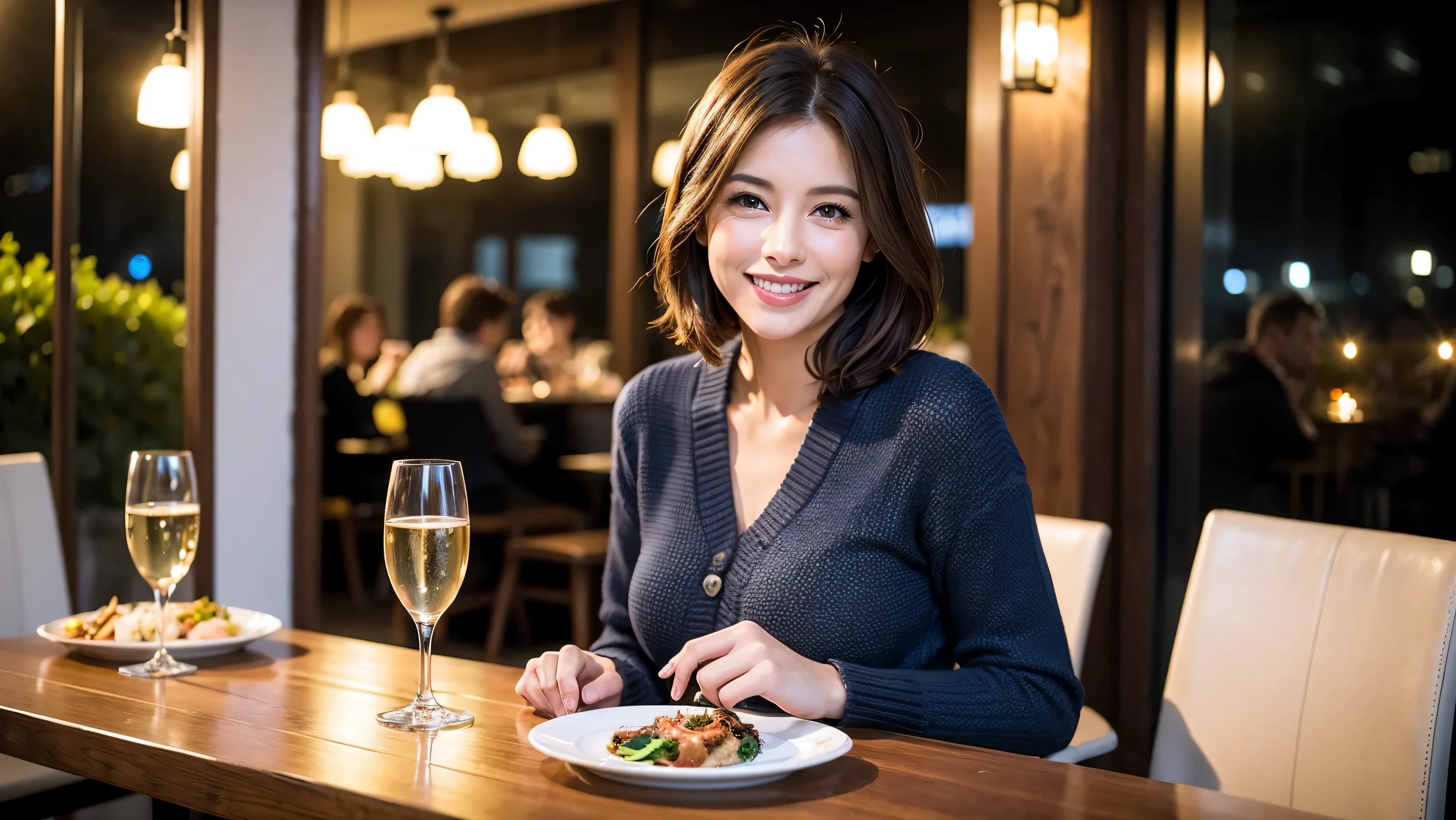 64k, UHD, highest quality, masterpiece: 1.2), (realistic, photorealistic: 1.37), Super detailed, celebration party、3 women who love wine、three men、champagne、Sparkling wine、winter night、restaurantでワイン宴会、(slimな男女4名),(Wine party for 5 people)、(slimフェイス),Happy、 最高なsmile、Fox Face、Raccoon face、Berry Short、(because I'thin), (brown hair), (shortcut), long sleeve shirt、winter fashion、Colombia、Brazilian、Japanese、Dutch、German、Portuguese、Belgian、Italian、french, (gush), (slimボティ), (brown hair), (shortcut), Neat beauty、cheeks blush a little, (41 years old), 38 years old, alone, A beautiful and detailed night view spreads out outside the window..., restaurant, wine glassが座っている, At night, in a prominent place (from the Upper body) nova frog style, actress, model, Upper body, White wine, slim, wine glass, very beautiful night view, wine glass Put in the Middle, Happy smile, (smile: 1.15),