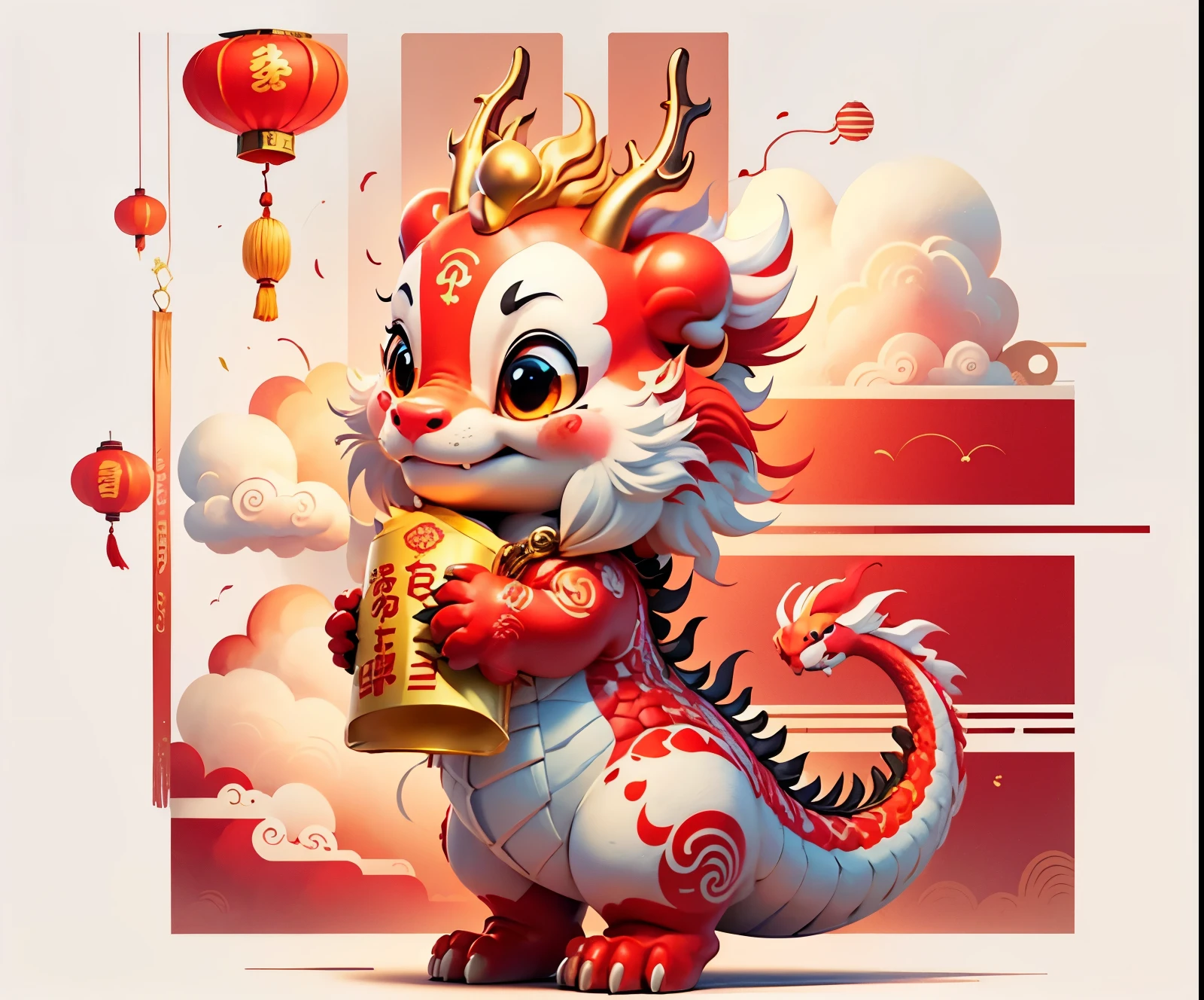 A promotional image for a business logo,masterpiece,best quality,Delicate picture quality,HD。big chinese dragon,a tail,Good luck,standing on red background,The expression is very amiable。Lucky cloud patterns are scattered around,Red lantern hanging high,Fireworks and firecrackers bloom。The whole picture is very festive,Full of Chinese elements。A strong atmosphere to welcome the New Year,Make people feel peace and joy。red envelopes、Ingots、Paper cranes surround the dragon。
