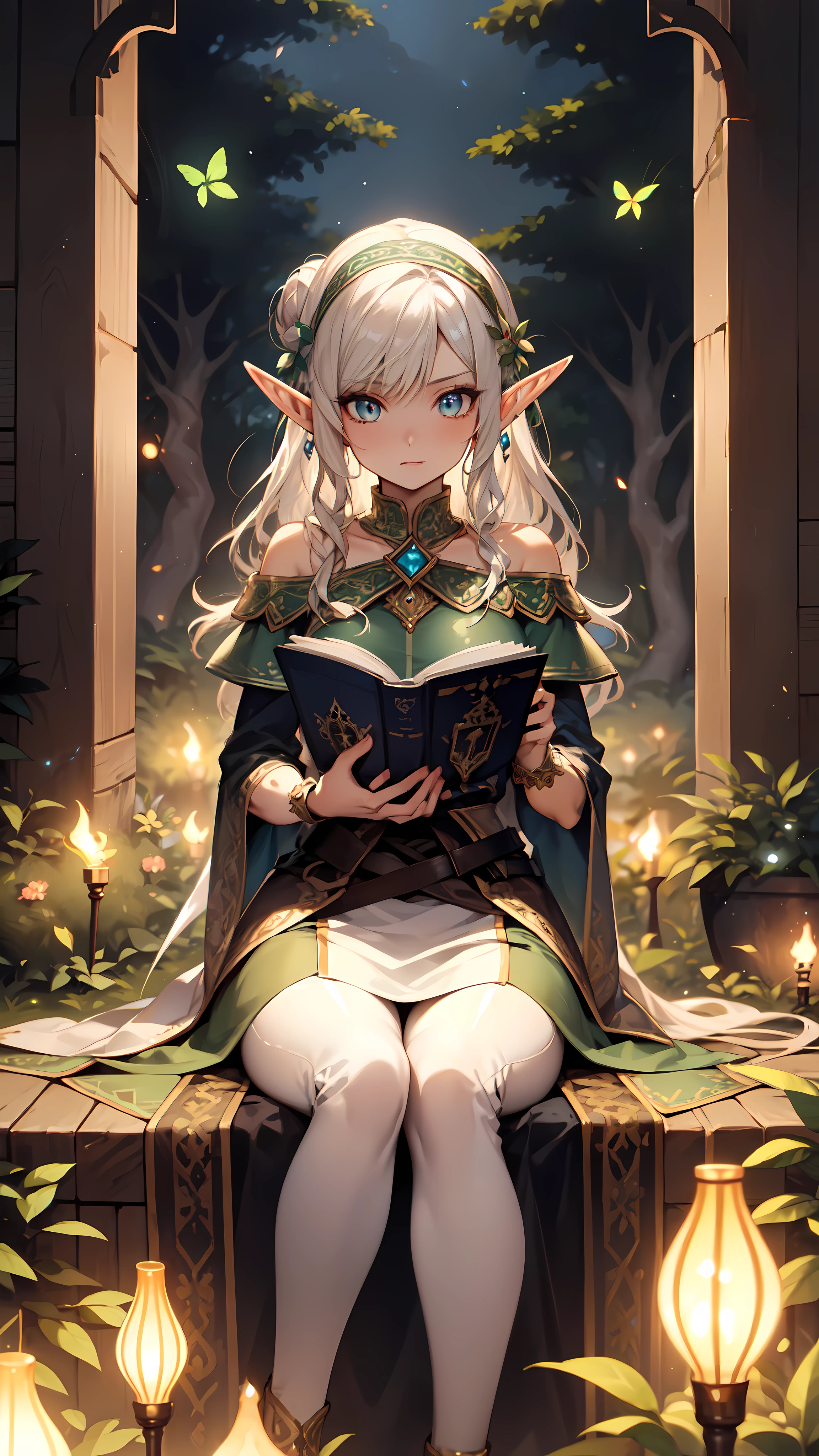 ((masterpiece)), (top quality), (best quality), ((ultra-detailed, 8k quality)), Cinematic lighting, soft semi-backlit light, (detailed line art), absurdres, (best composition), (high-resolution), Aesthetics, cel-shading,
BREAK,
A serene depiction of an elf leisurely sitting stump in a magical garden at twilight, The elf is engrossed in (reading:1.3) a leather-bound tome of elven poetry, while the fragrance of night-blooming flowers adds to the ethereal ambiance, adorned in intricate elven attire, (adult elf:1.1), Fantasy, (tranquil twilight:1.2), (magical garden setting:1.2), (firefly glow:1.25), (detailed elven features), [cinematic dramatic atmosphere], (mystical forest), (focused depth of field:1.2), (serene atmosphere:1.15)
BREAK,
highly detailed of ((elf:1.4)), (1girl), solo, perfect face, details eye, hair Bun, (hime cut, bangs:1.2), (white shining hair:1.2), blue eyes, shining eyes, (beautiful detailed eyelashes, eyeshadow, pink eyeshadow),  serious, Concept art by Mikimoto Haruhiko, by Kawacy, By Yoshitaka Amano,
BREAK, 
((perfect anatomy)), perfect body, Abs, (medium breast), perfect hands, perfect face, beautiful face, beautiful eyes, perfect eyes, (perfect fingers, deatailed fingers), correct anatomy, perfect legs, 