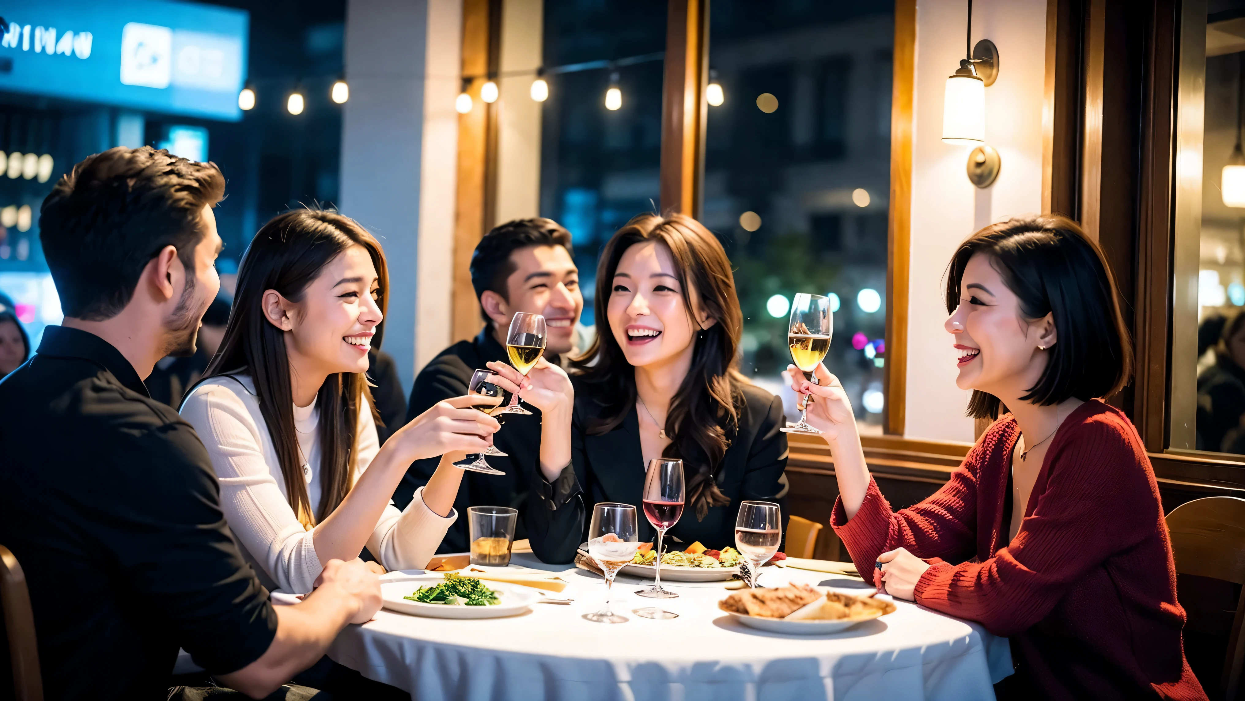 64k, UHD, highest quality, masterpiece: 1.2), (realistic, photorealistic: 1.37), Super detailed, celebration party、3 women who love wine、three men、champagne、Sparkling wine、winter night、restaurantでワイン宴会、(slimな男女4名),(Wine party for 5 people)、(slimフェイス),Happy、 最高なsmile、Fox Face、Raccoon face、Berry Short、(because I'thin), (brown hair), (shortcut), long sleeve shirt、winter fashion、Colombia、Brazilian、Japanese、Dutch、German、Portuguese、Belgian、Italian、french, (gush), (slimボティ), (brown hair), (shortcut), Neat beauty、cheeks blush a little, (41 years old), 38 years old, alone, A beautiful and detailed night view spreads out outside the window..., restaurant, wine glassが座っている, At night, in a prominent place (from the Upper body) nova frog style, actress, model, Upper body, White wine, slim, wine glass, very beautiful night view, wine glass Put in the Middle, Happy smile, (smile: 1.15),