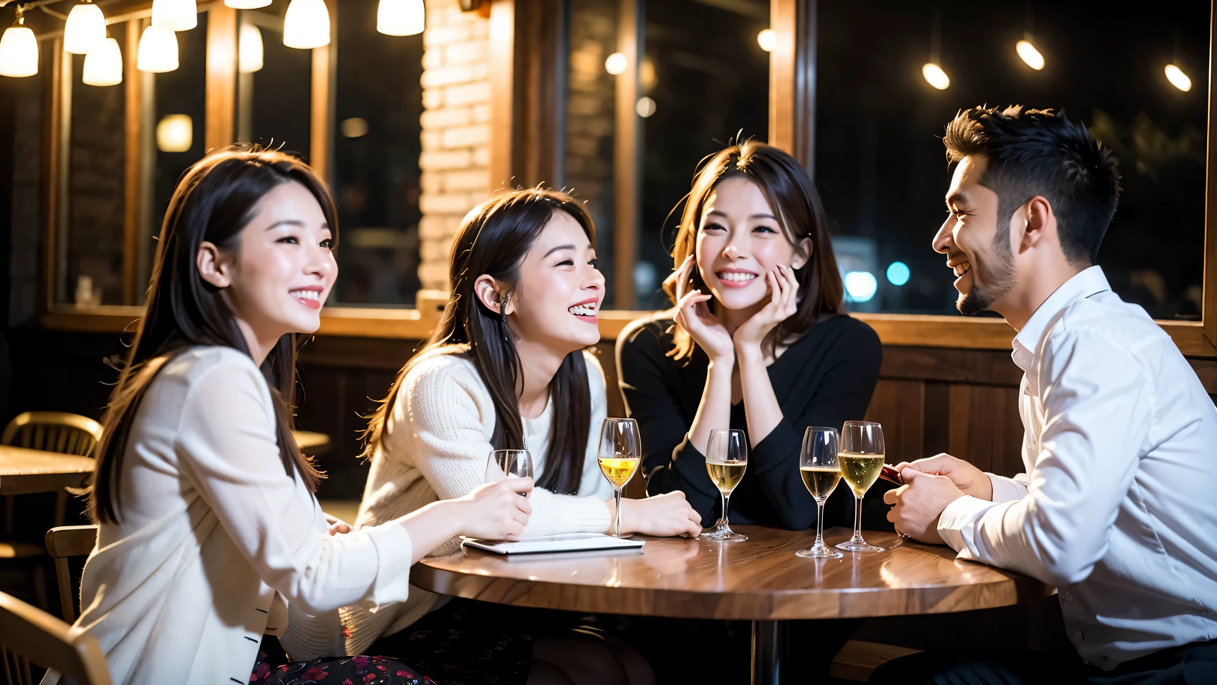 64k, UHD, highest quality, masterpiece: 1.2), (realistic, photorealistic: 1.37), Super detailed, celebration party、3 women who love wine、three men、champagne、Sparkling wine、winter night、restaurantでワイン宴会、(slimな男女4名),(Wine party for 5 people)、(slimフェイス),Happy、 最高なsmile、Fox Face、Raccoon face、Berry Short、(because I'thin), (brown hair), (shortcut), long sleeve shirt、winter fashion、Colombia、Brazilian、Japanese、Dutch、German、Portuguese、Belgian、Italian、french, (gush), (slimボティ), (brown hair), (shortcut), Neat beauty、cheeks blush a little, (41 years old), 38 years old, alone, A beautiful and detailed night view spreads out outside the window..., restaurant, wine glassが座っている, At night, in a prominent place (from the Upper body) nova frog style, actress, model, Upper body, White wine, slim, wine glass, very beautiful night view, wine glass Put in the Middle, Happy smile, (smile: 1.15),