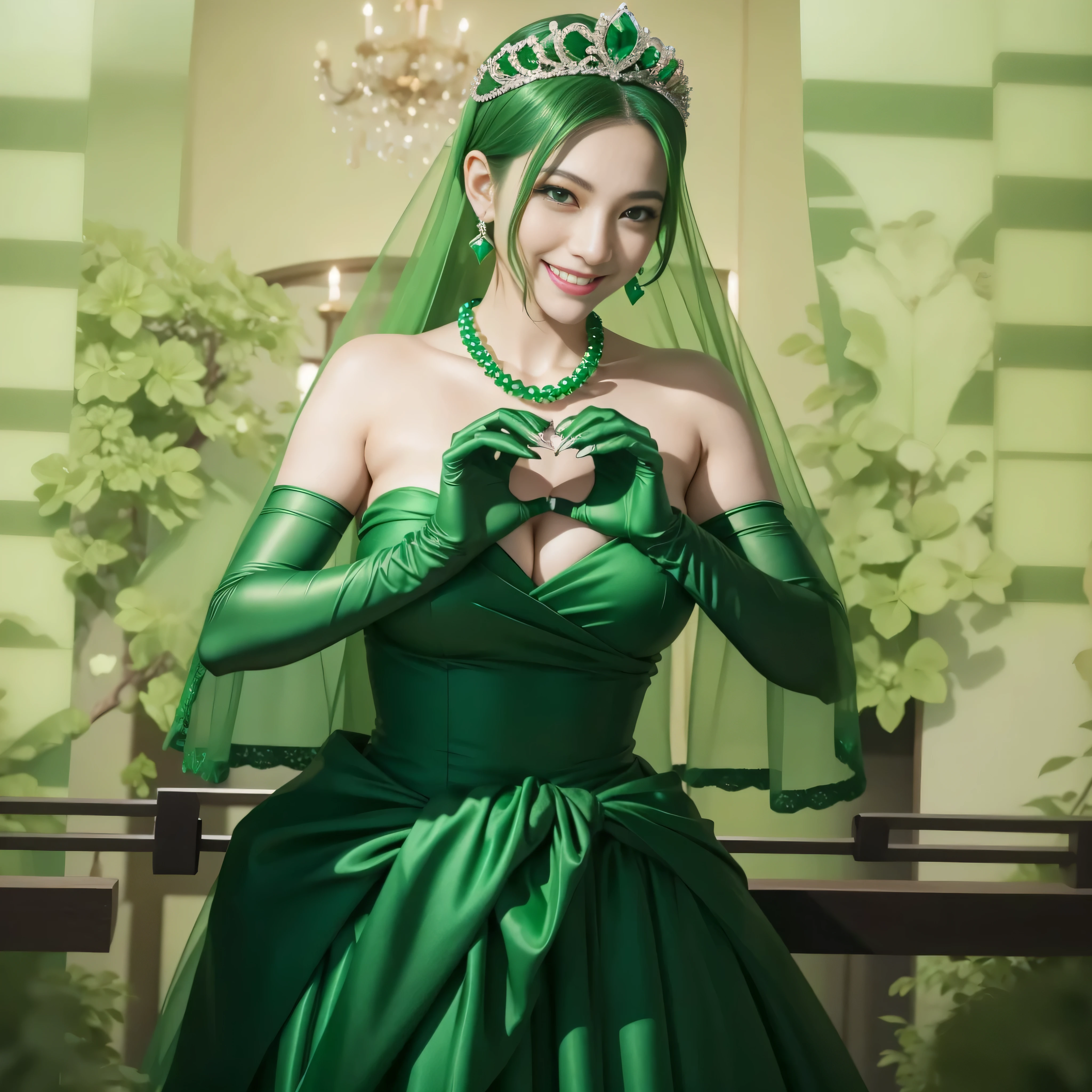 emerald tiara, green pearl necklace, ボーイッシュな非常に短いgreen hair, lipstick, smiling Japanese woman, very short hair, Beauty with large breasts, green eyes, Long Green Satin Gloves, green eyes, emerald earrings, green veil, heart with both hands, green hair, beautiful japanese woman, heart shaped hand:1.3
