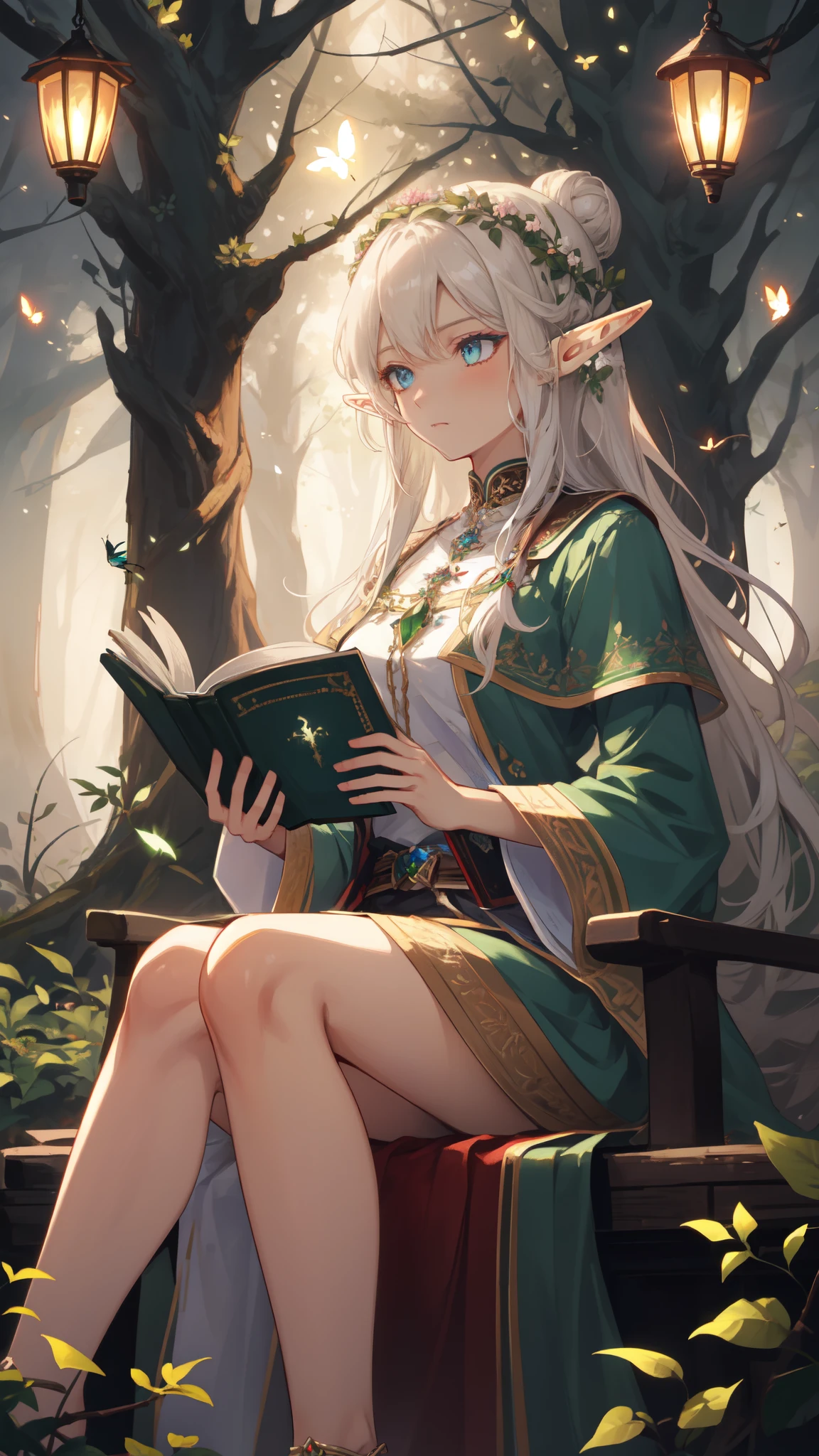 ((masterpiece)), (top quality), (best quality), ((ultra-detailed, 8k quality)), Cinematic lighting, soft semi-backlit light, (detailed line art), absurdres, (best composition), (high-resolution), Aesthetics, cel-shading,
BREAK,
A serene depiction of an elf leisurely sitting stump in a magical garden at twilight, The elf is engrossed in (reading:1.3) a leather-bound tome of elven poetry, while the fragrance of night-blooming flowers adds to the ethereal ambiance, adorned in intricate elven attire, (adult elf:1.1), Fantasy, (tranquil twilight:1.2), (magical garden setting:1.2), (firefly glow:1.25), (detailed elven features), [cinematic dramatic atmosphere], (mystical forest), (focused depth of field:1.2), (serene atmosphere:1.15)
BREAK,
highly detailed of ((elf:1.4)), (1girl), solo, perfect face, details eye, hair Bun, (hime cut, bangs:1.2), (white shining hair:1.2), blue eyes, shining eyes, (beautiful detailed eyelashes, eyeshadow, pink eyeshadow),  serious, Concept art by Mikimoto Haruhiko, by Kawacy, By Yoshitaka Amano,
BREAK, 
((perfect anatomy)), perfect body, Abs, (medium breast), perfect hands, perfect face, beautiful face, beautiful eyes, perfect eyes, (perfect fingers, deatailed fingers), correct anatomy, perfect legs, 