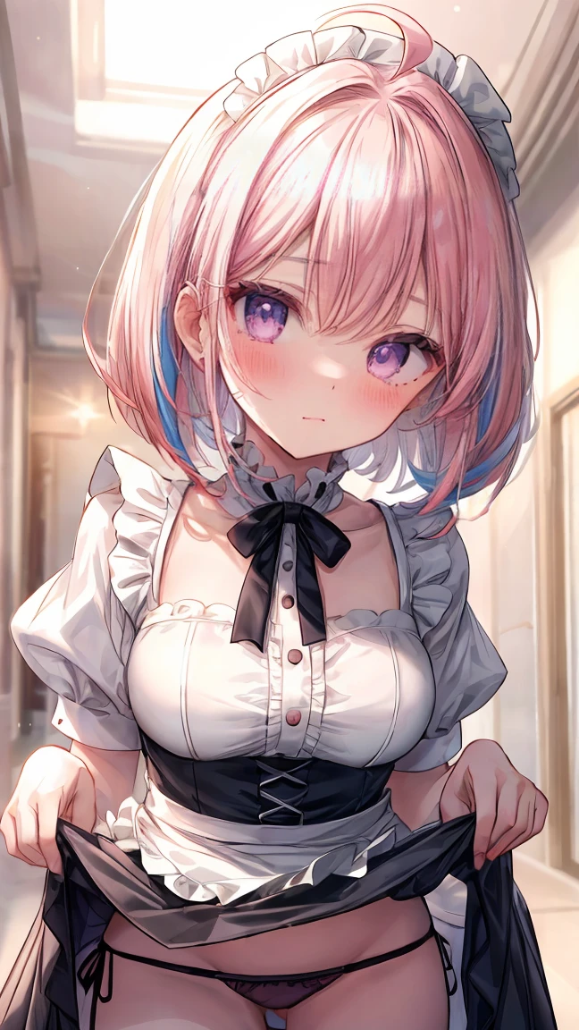 ((8Kmasterpiece,highest quality)), ultra high resolution, (masterpiece: 1.4), hyper detail, (1 girl),Watery eye,((14 years old),blush,beautiful and delicate eyes,purple eyes,Big eyes,shining eyes of light,Thin and long eyelashes,detailed light,beautiful face,((pink hair)),((bob cut)),((shortcut)), ((look away)),calm face,((very unpleasant face)),Ahoge,thin waist,Maid appearance,Black knee-high,((Pick up your skirt and show your panties)),((lift skirt)),light blue ,(( shot)),((grow々royal corridor)),red carpet,particles of light,sunbeam,motion blur,Depth of written boundary,growなパノラマビュー,Angle from below the ground surface