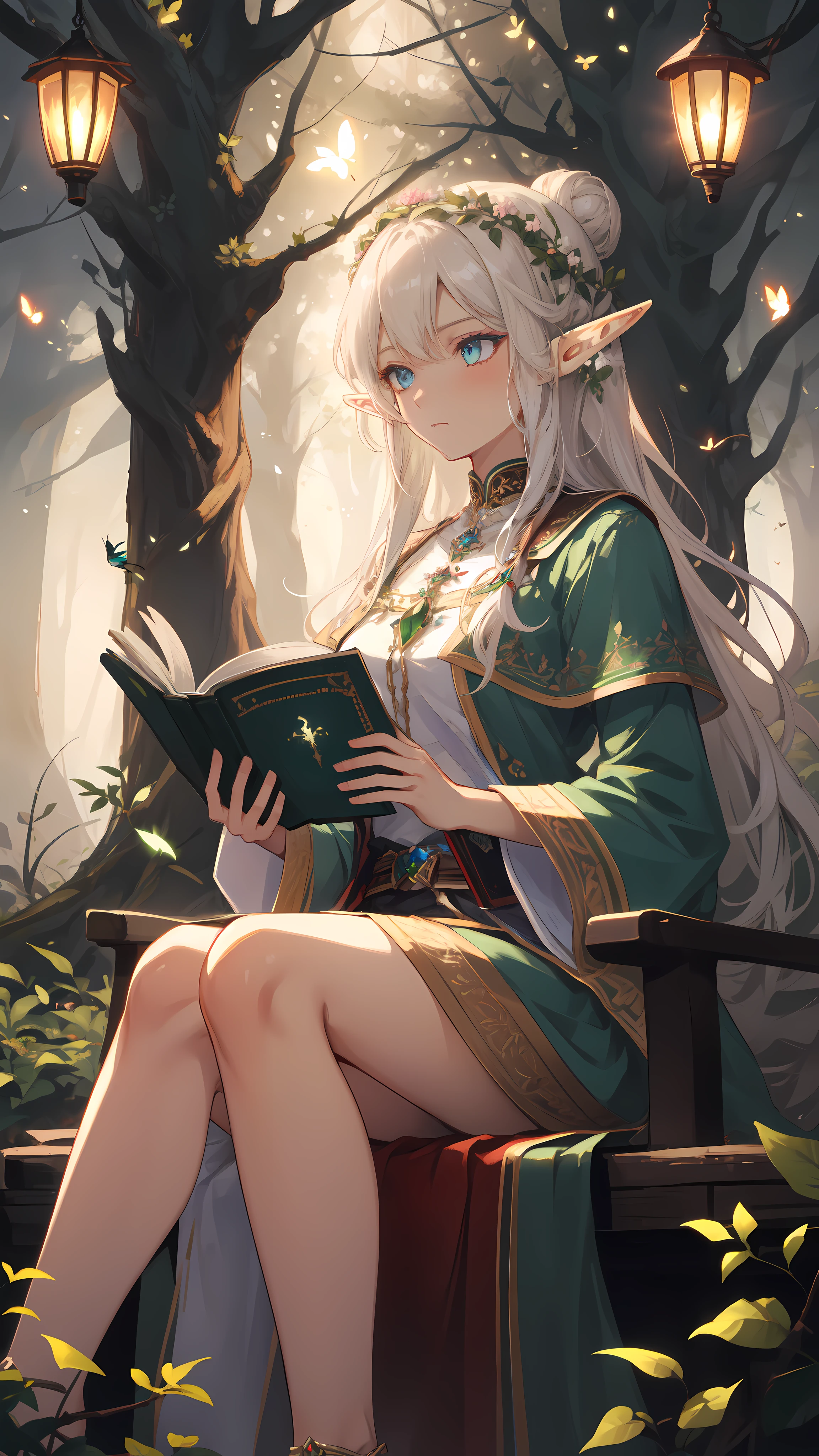 ((masterpiece)), (top quality), (best quality), ((ultra-detailed, 8k quality)), Cinematic lighting, soft semi-backlit light, (detailed line art), absurdres, (best composition), (high-resolution), Aesthetics, cel-shading,
BREAK,
A serene depiction of an elf leisurely sitting stump in a magical garden at twilight, The elf is engrossed in (reading:1.3) a leather-bound tome of elven poetry, while the fragrance of night-blooming flowers adds to the ethereal ambiance, adorned in intricate elven attire, (adult elf:1.1), Fantasy, (tranquil twilight:1.2), (magical garden setting:1.2), (firefly glow:1.25), (detailed elven features), [cinematic dramatic atmosphere], (mystical forest), (focused depth of field:1.2), (serene atmosphere:1.15)
BREAK,
highly detailed of ((elf:1.4)), (1girl), solo, perfect face, details eye, hair Bun, (hime cut, bangs:1.2), (white shining hair:1.2), blue eyes, shining eyes, (beautiful detailed eyelashes, eyeshadow, pink eyeshadow),  serious, Concept art by Mikimoto Haruhiko, by Kawacy, By Yoshitaka Amano,
BREAK, 
((perfect anatomy)), perfect body, Abs, (medium breast), perfect hands, perfect face, beautiful face, beautiful eyes, perfect eyes, (perfect fingers, deatailed fingers), correct anatomy, perfect legs, 