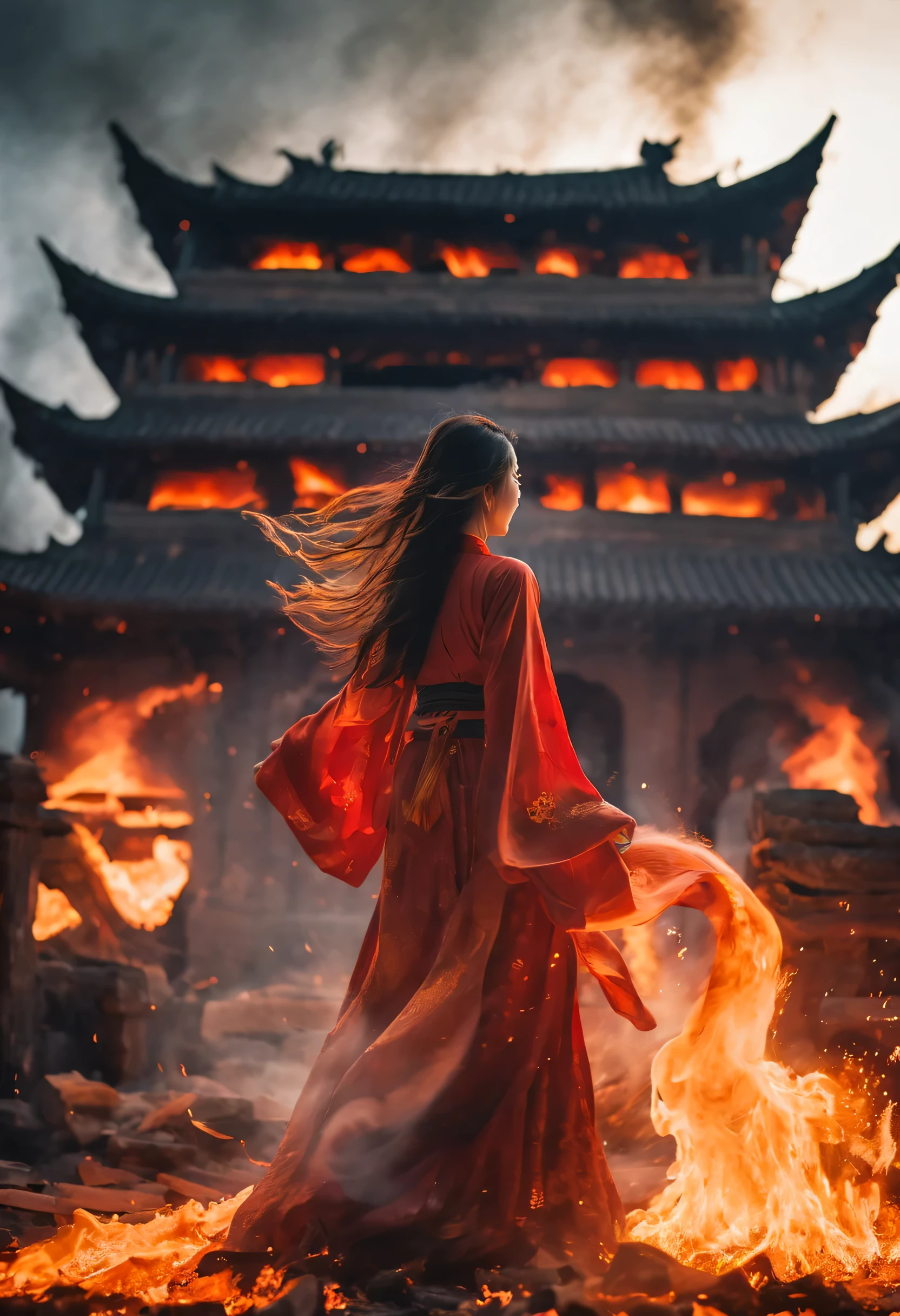 Long-haired girl back,red hanfu。fire illuminates darkness,a sea of fire,raging fire,Burning ancient Chinese buildings,capital city,ancient city,collapse,ruins,explode,burst,ethnic style,Chinese elements,