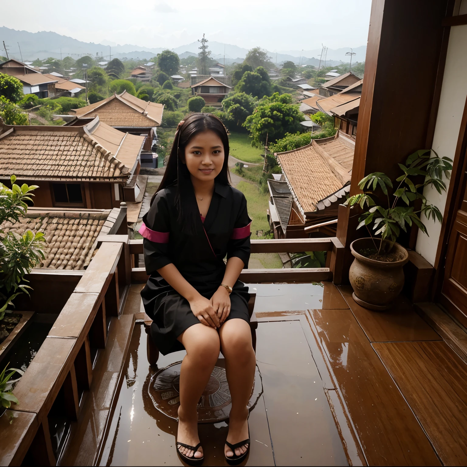Wanita duduk telanjang didepan teras rumah