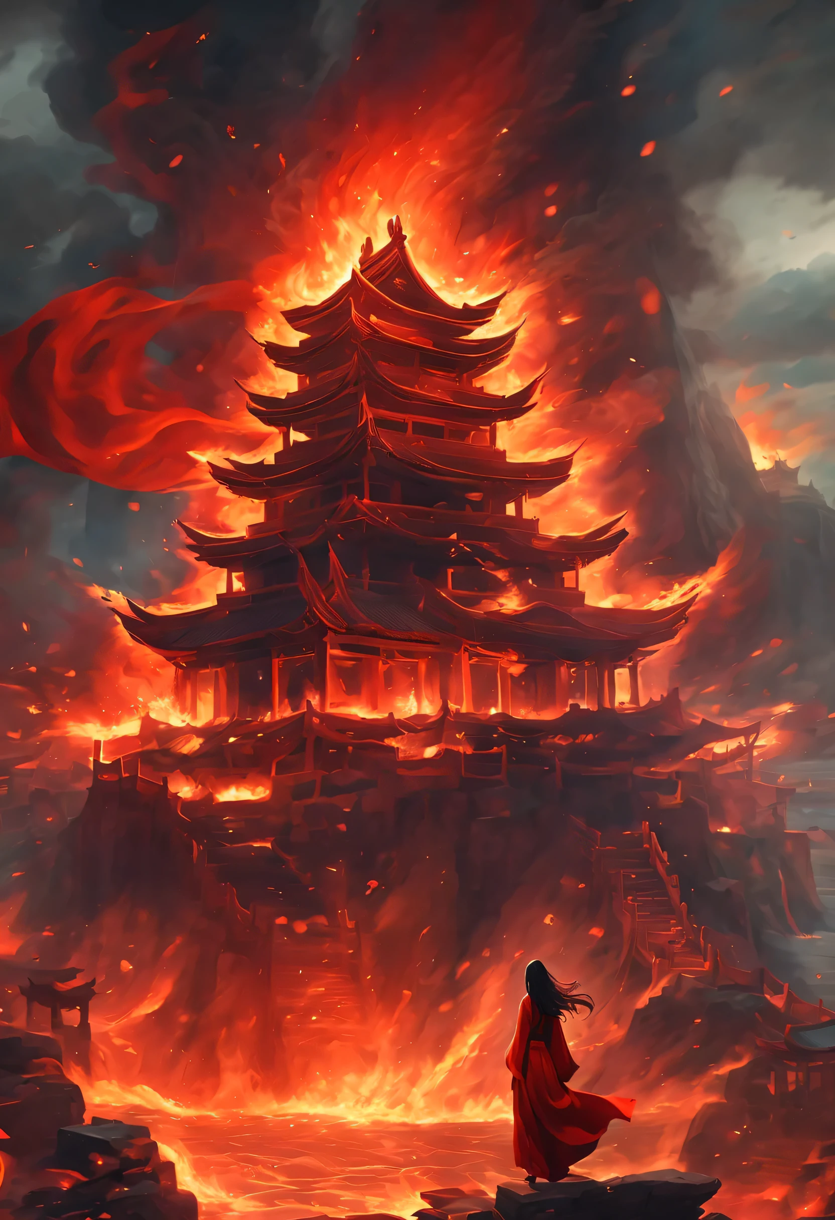 Cold weapons:1.37.(((Long-haired girl back,red robe,跑向a sea of fire)))。fire illuminates darkness,a sea of fire,(((raging fire,Burning ancient Chinese buildings,capital city,ancient city,collapse,ruins))),explode,burst,ethnic style,Chinese elements,