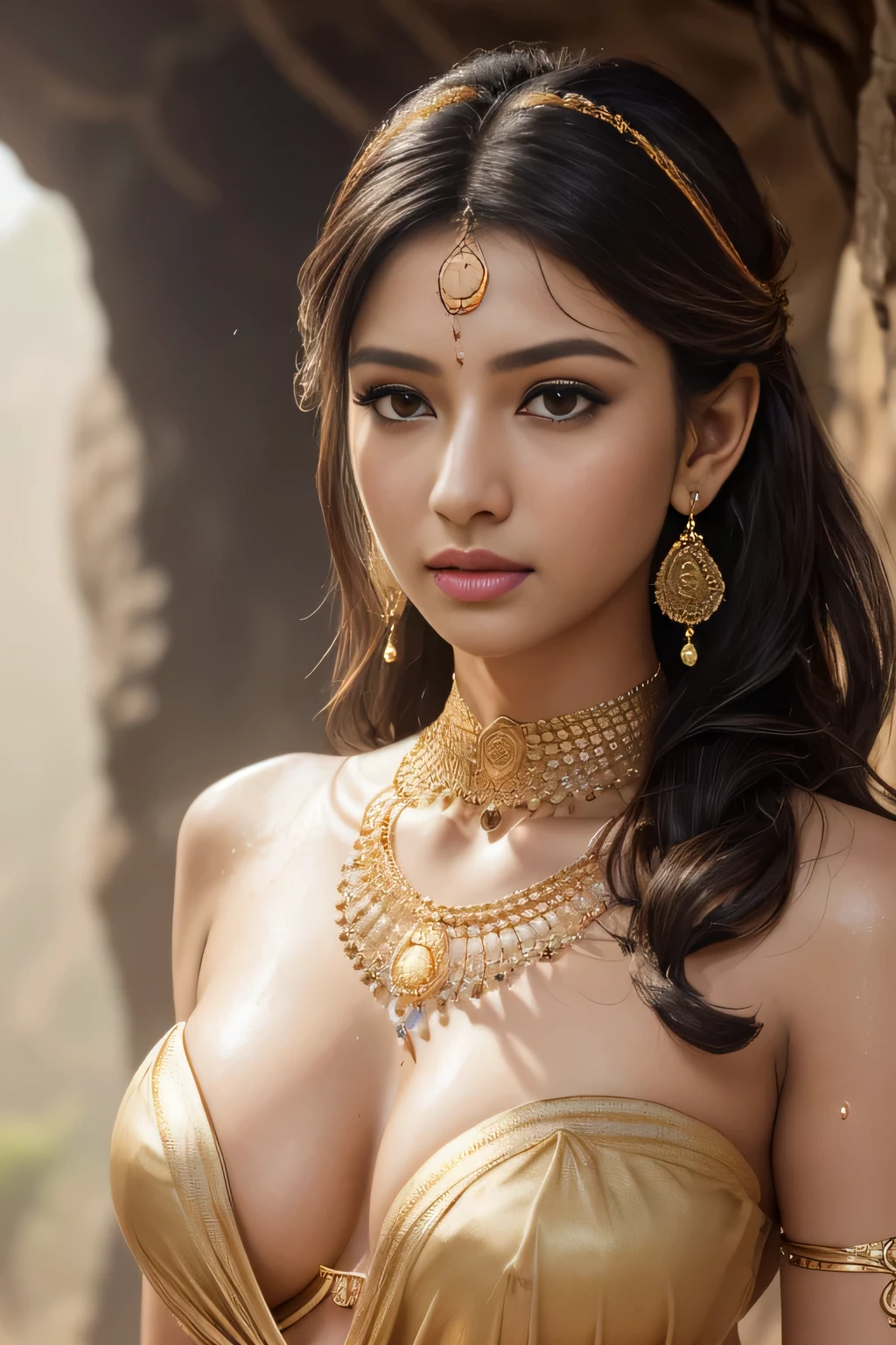 (((best image quality、highest quality、Super high quality 1.5、Super high quality 1.5、32K、8K、ticker、RAW photo、very clear image、very clear image quality、Photoreal 1.3、Super detailed 1.2, small details, High resolution, wall , Perfect dynamic structure, masterpiece, surreal,非常に詳細な CG Unity 32K wall紙,extremely detailed CG unity 32K wallpaper,realistic pictures、real human being、超High resolution、See here)))、Rhea Chakraborty as a beautiful maiden, Standing in the rain, big breasts, Long hair tied in a bun, wearing a strapless bra and see-through sarong, Wearing heavy makeup, long eyelashes, Eye mascara, wearing golden jewelry, bindi, Long Earings, paste, Arm band, bracelet, Nose ring and waist chain, wet clothes, worried look, bottom cave