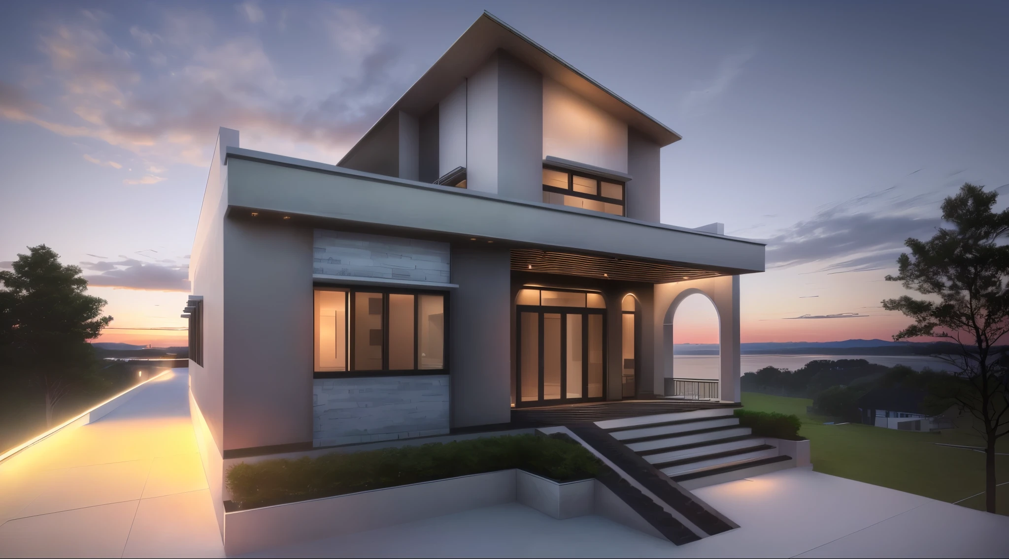 (Stunning residence) architecture, modern design, breathtaking view,, seamless integration with nature, floor-to-ceiling windows, open concept living spaces, minimalist aesthetics, natural lighting, sleek finishes, expansive outdoor areas, panoramic landscape, beauty girl standing front door