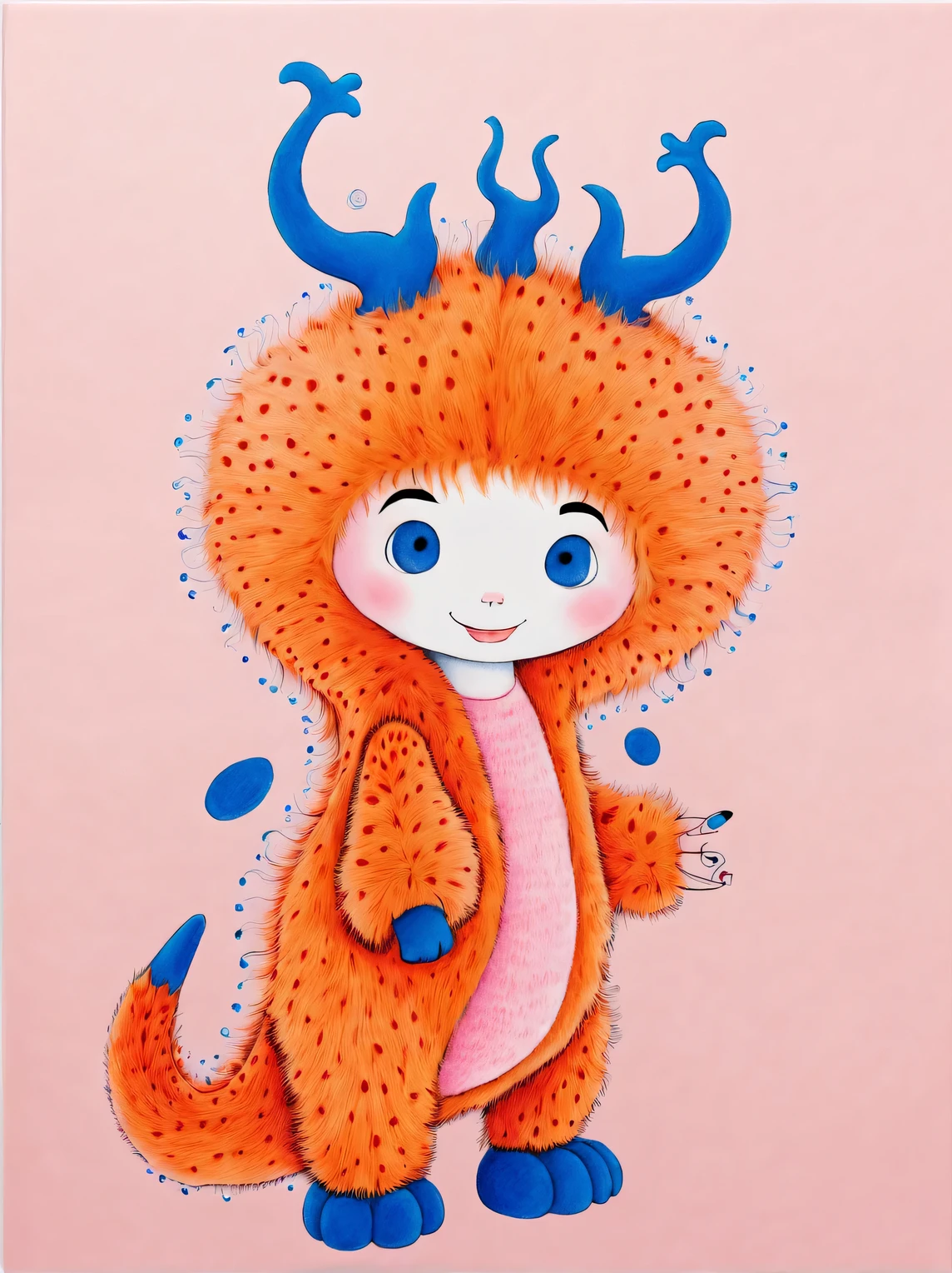 yayoi kusama，character idea, Featuring the adorable zodiac sign Dragon，exaggerated gait, orange fur, big blue eyes, Narrow your eyes and smile mischievously (new moon), wearing scarlet clothes, range mark plot, monochrome, Ballpoint pen outline, 4K, soft pink, interesting,