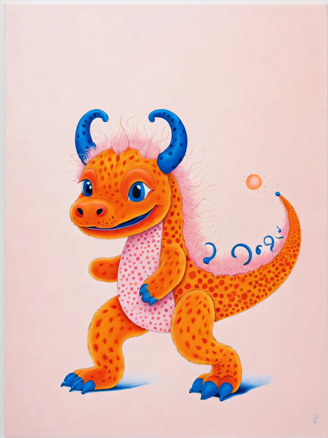 yayoi kusama，character idea, Featuring the adorable zodiac sign Dragon，exaggerated gait, orange fur, big blue eyes, Narrow your eyes and smile mischievously (new moon), wearing scarlet clothes, range mark plot, monochrome, Ballpoint pen outline, 4K, soft pink, interesting,