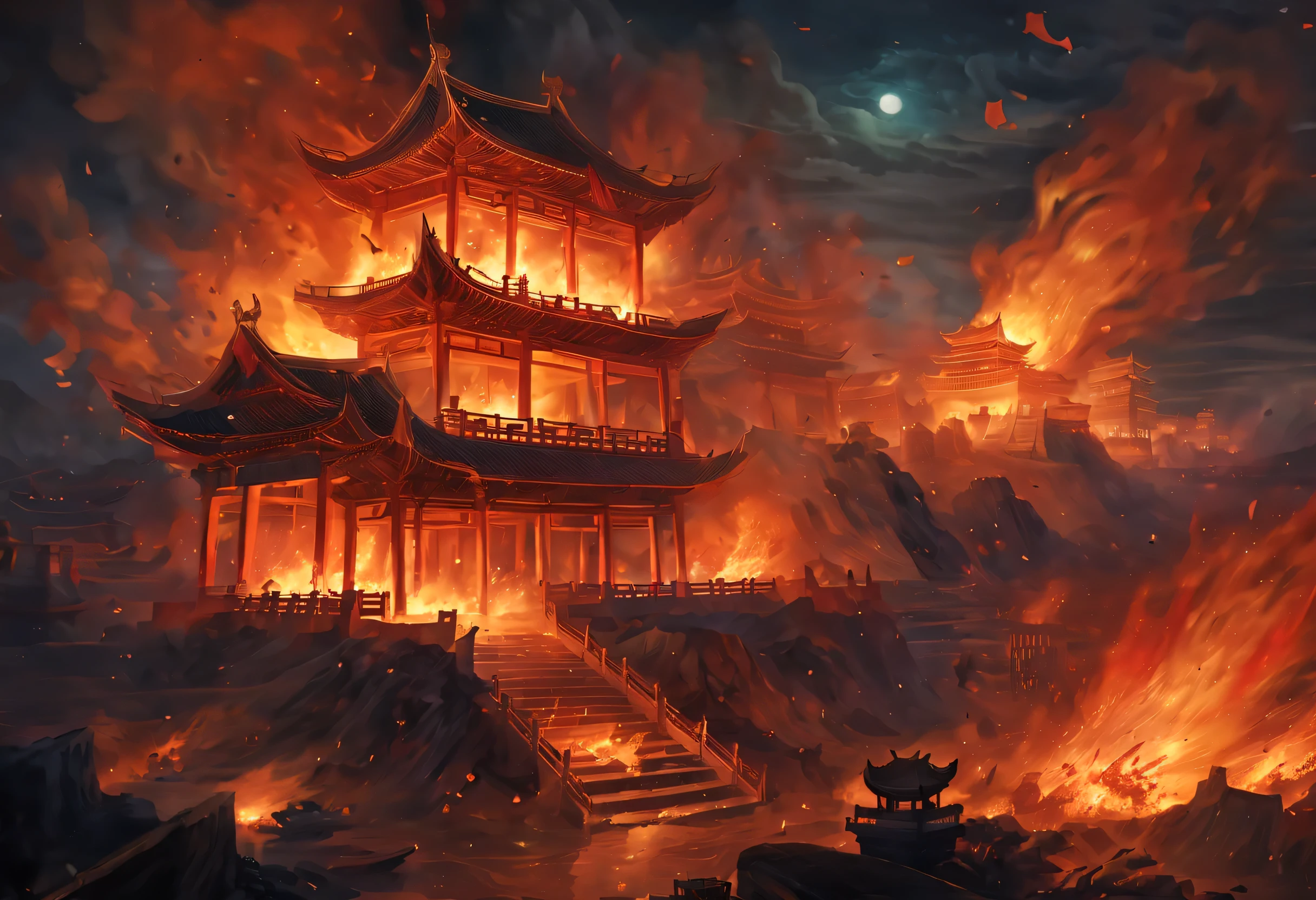night sky,night,fire,fire海,烈fire,Burning ancient Chinese buildings,capital city,ancient city,collapse,ruins,(汉服红衣女子奔向fire中),explode,burst,ethnic style,Chinese elements,